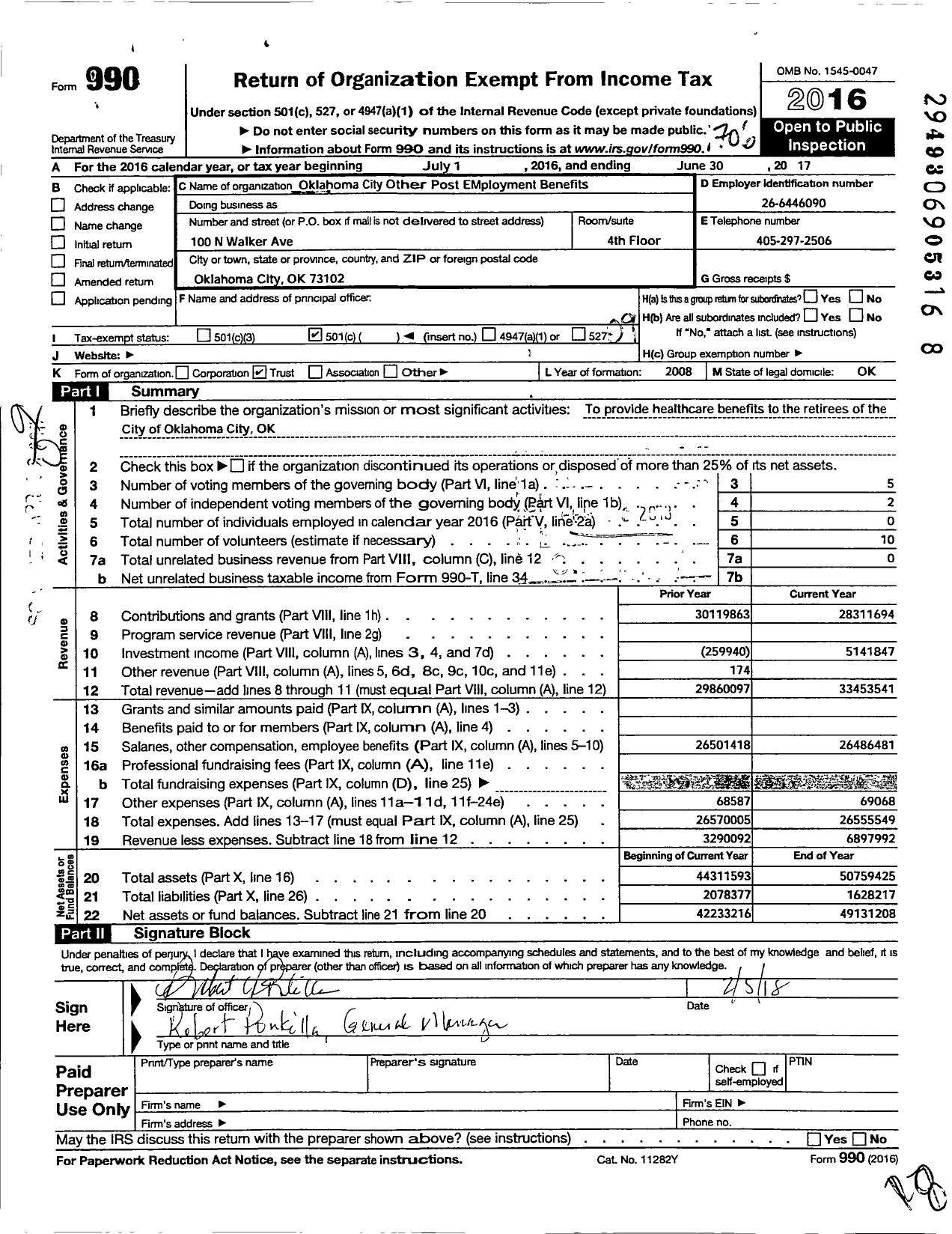 Image of first page of 2016 Form 990O for Oklahoma City Other Post Employment Benefits Trust