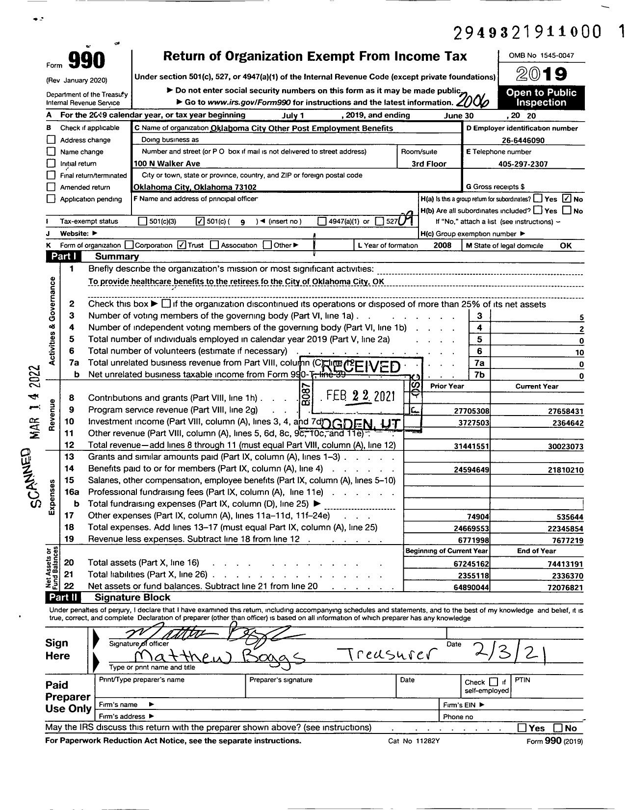 Image of first page of 2019 Form 990O for Oklahoma City Other Post Employment Benefits Trust