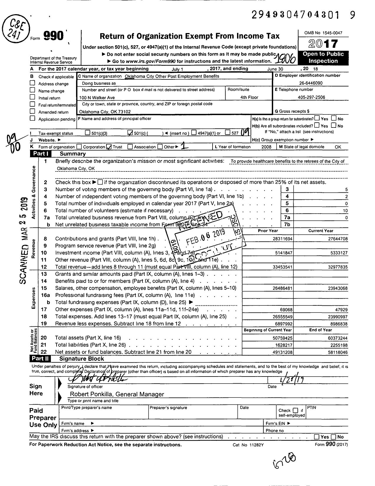 Image of first page of 2017 Form 990O for Oklahoma City Other Post Employment Benefits Trust