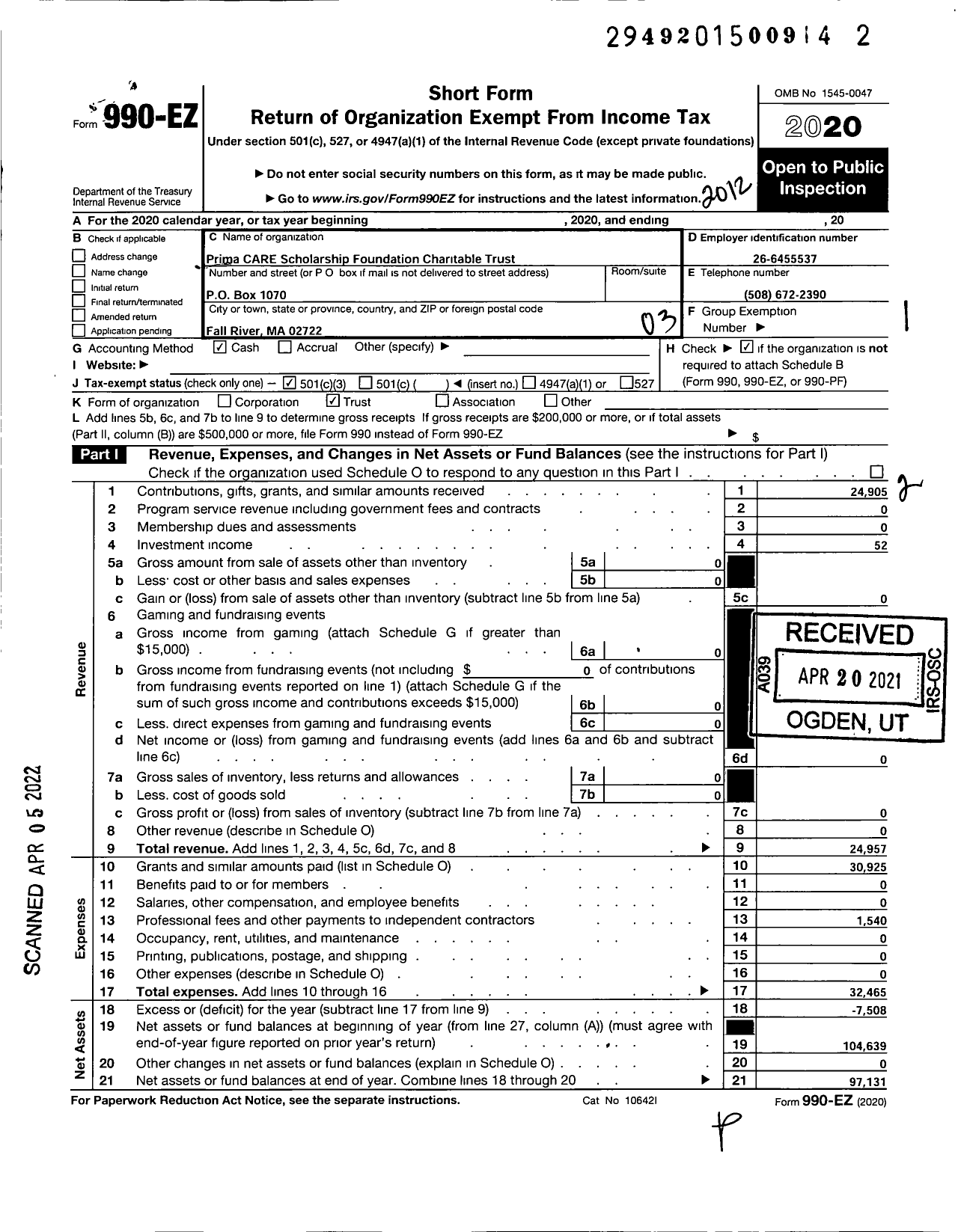 Image of first page of 2020 Form 990EZ for Prima Care Scholarship Foundation Charitable Trust