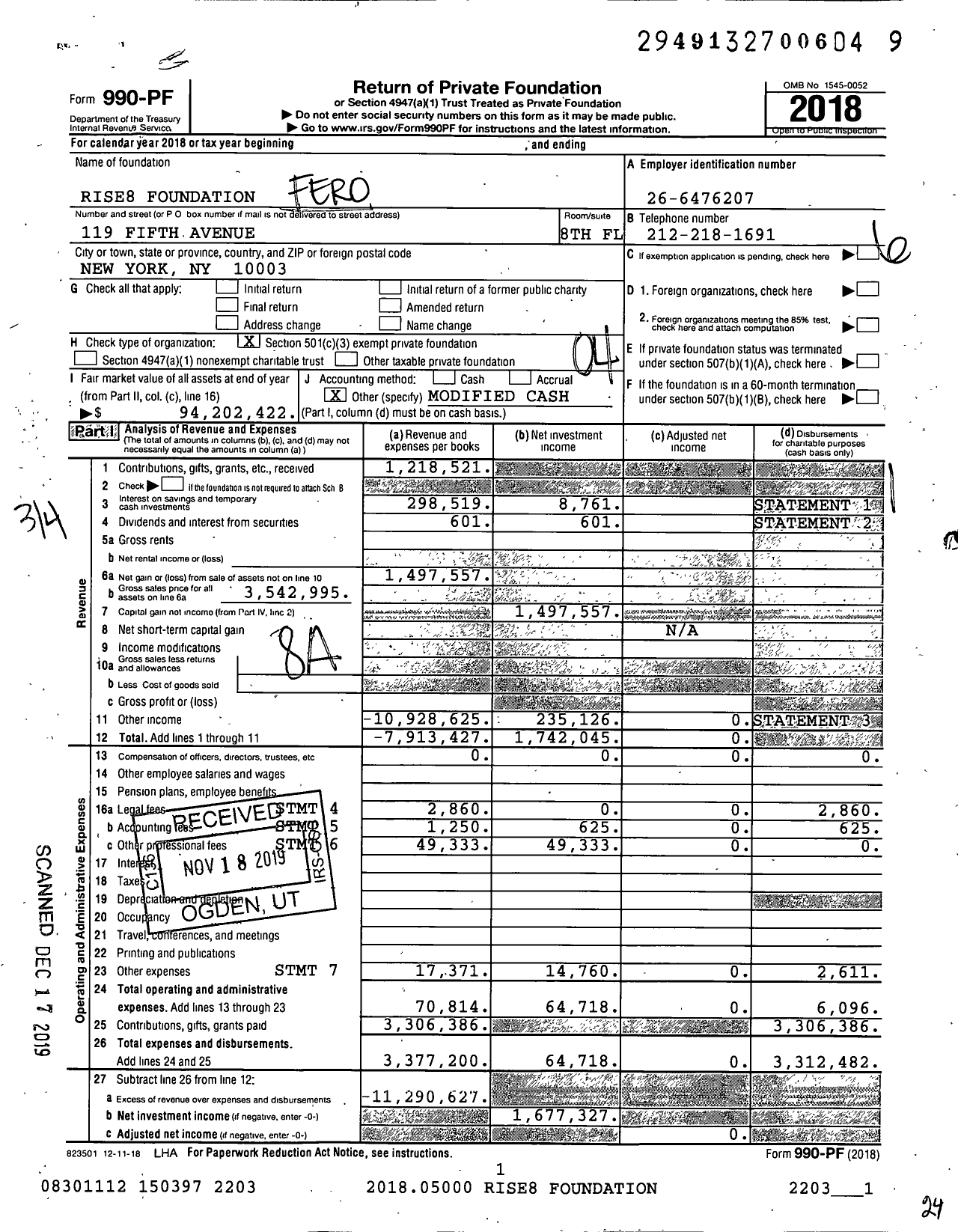 Image of first page of 2018 Form 990PF for Rise8 Foundation