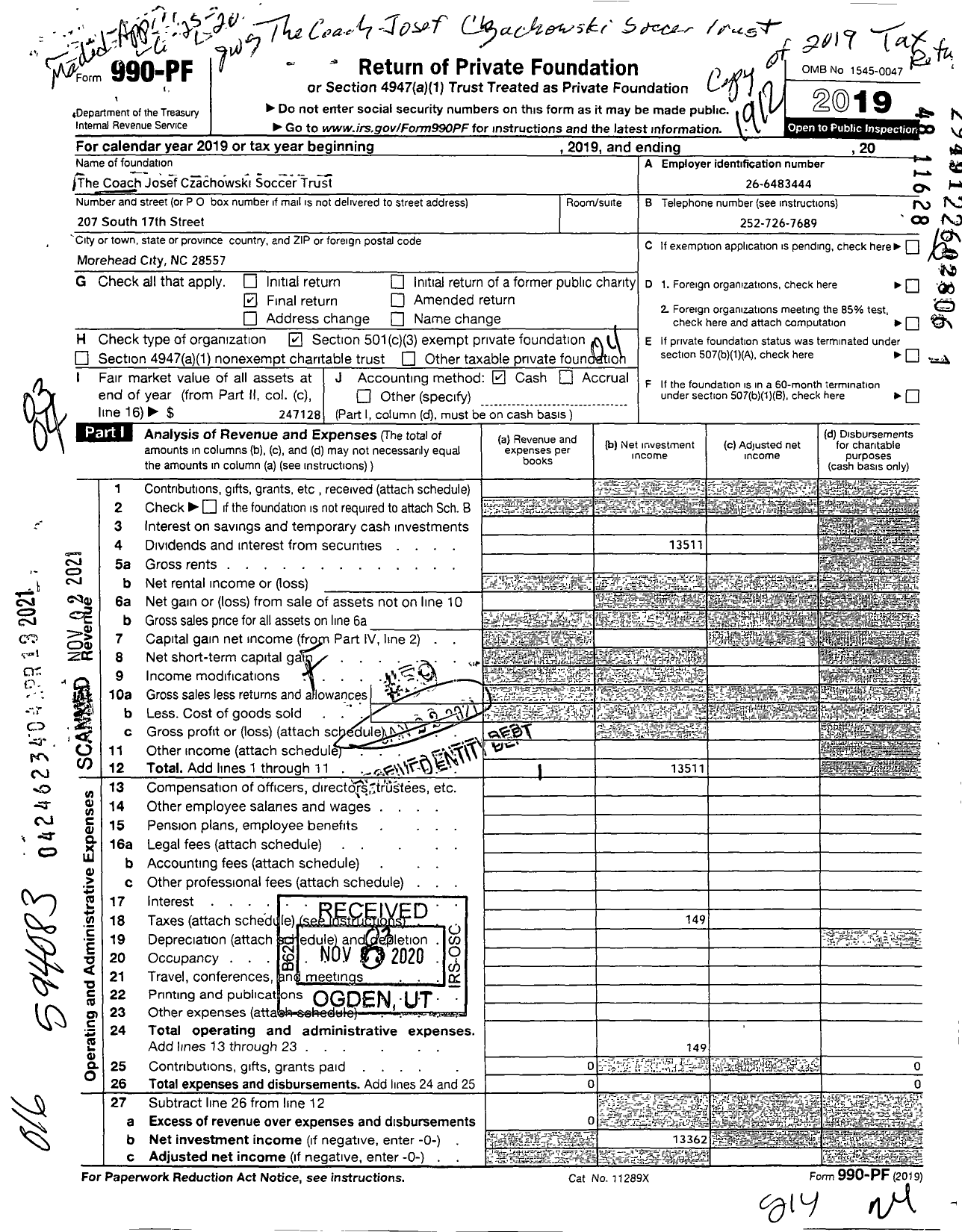 Image of first page of 2019 Form 990PF for The Coach Josef Czachowski Soccer Trust