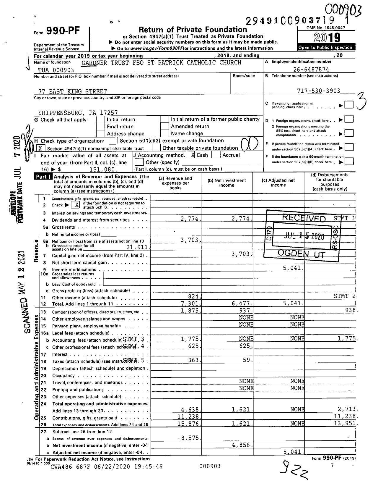 Image of first page of 2019 Form 990PF for Gardner Trust Fbo St Patrick Catholic Church