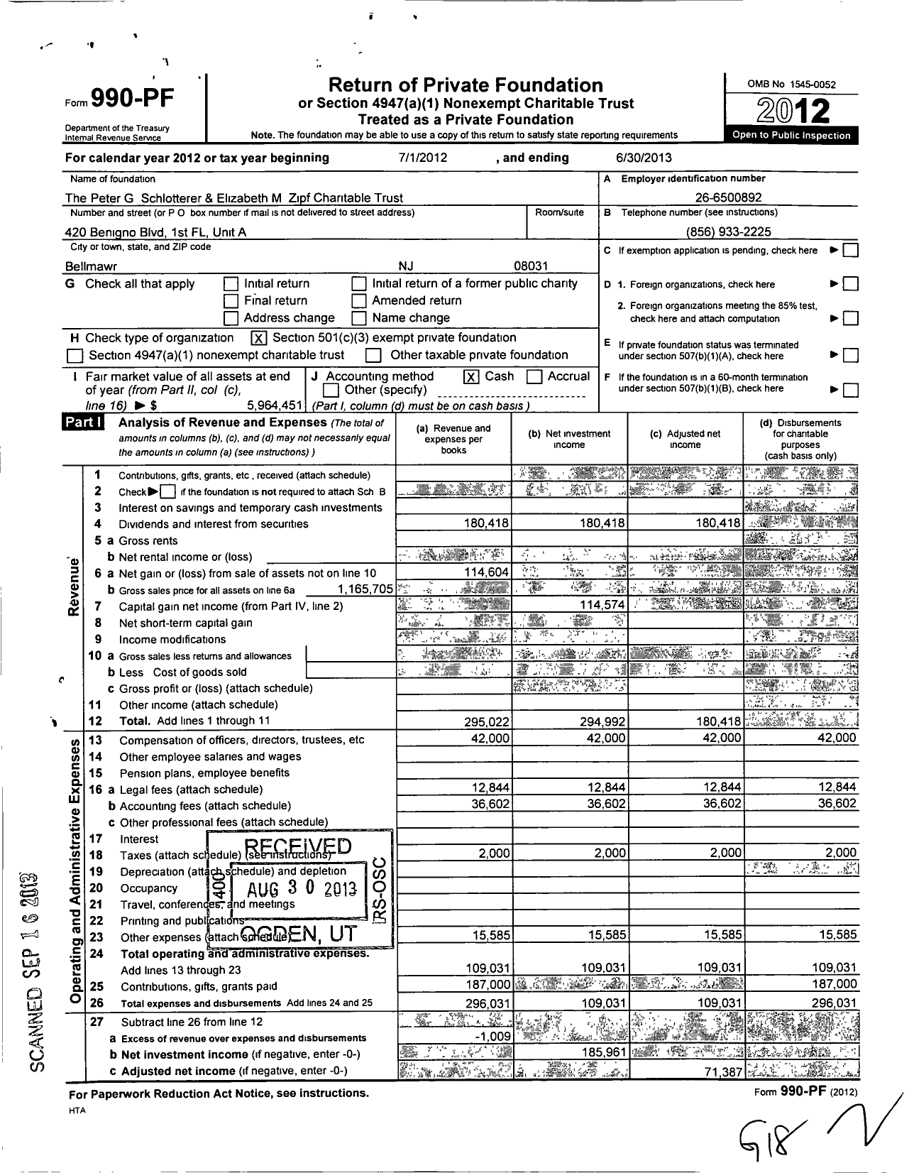 Image of first page of 2012 Form 990PF for The Peter G Schlotterer & Elizabeth M Zipf Charitable Trust