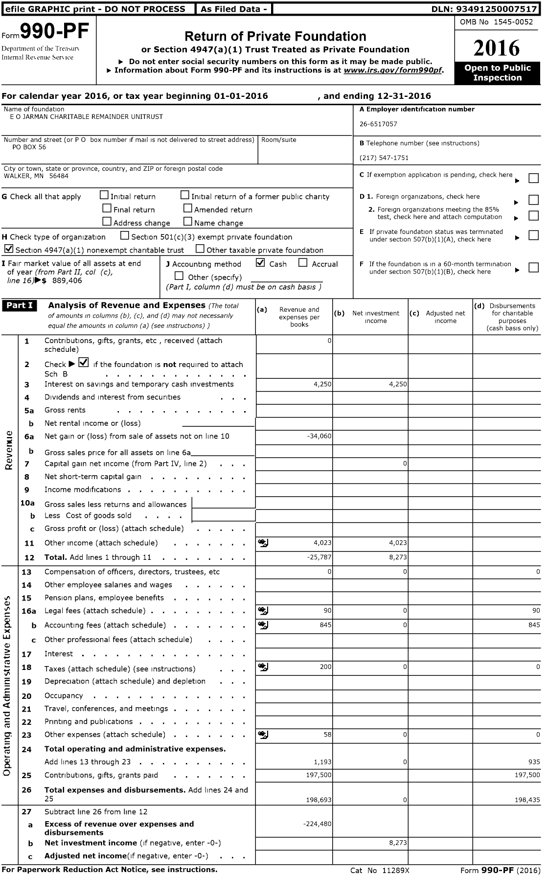 Image of first page of 2016 Form 990PF for E O Jarman Charitable Remainder Unitrust