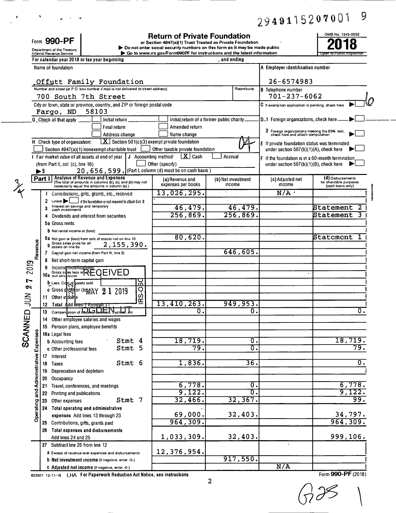 Image of first page of 2018 Form 990PF for Offutt Family Foundation
