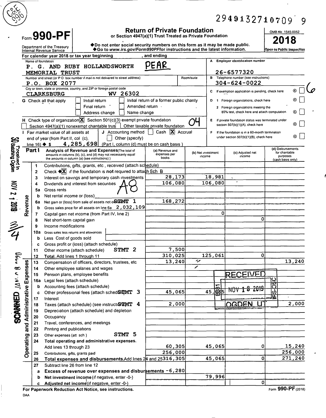 Image of first page of 2018 Form 990PF for P G and Ruby Hollandsworth Memorial Trust