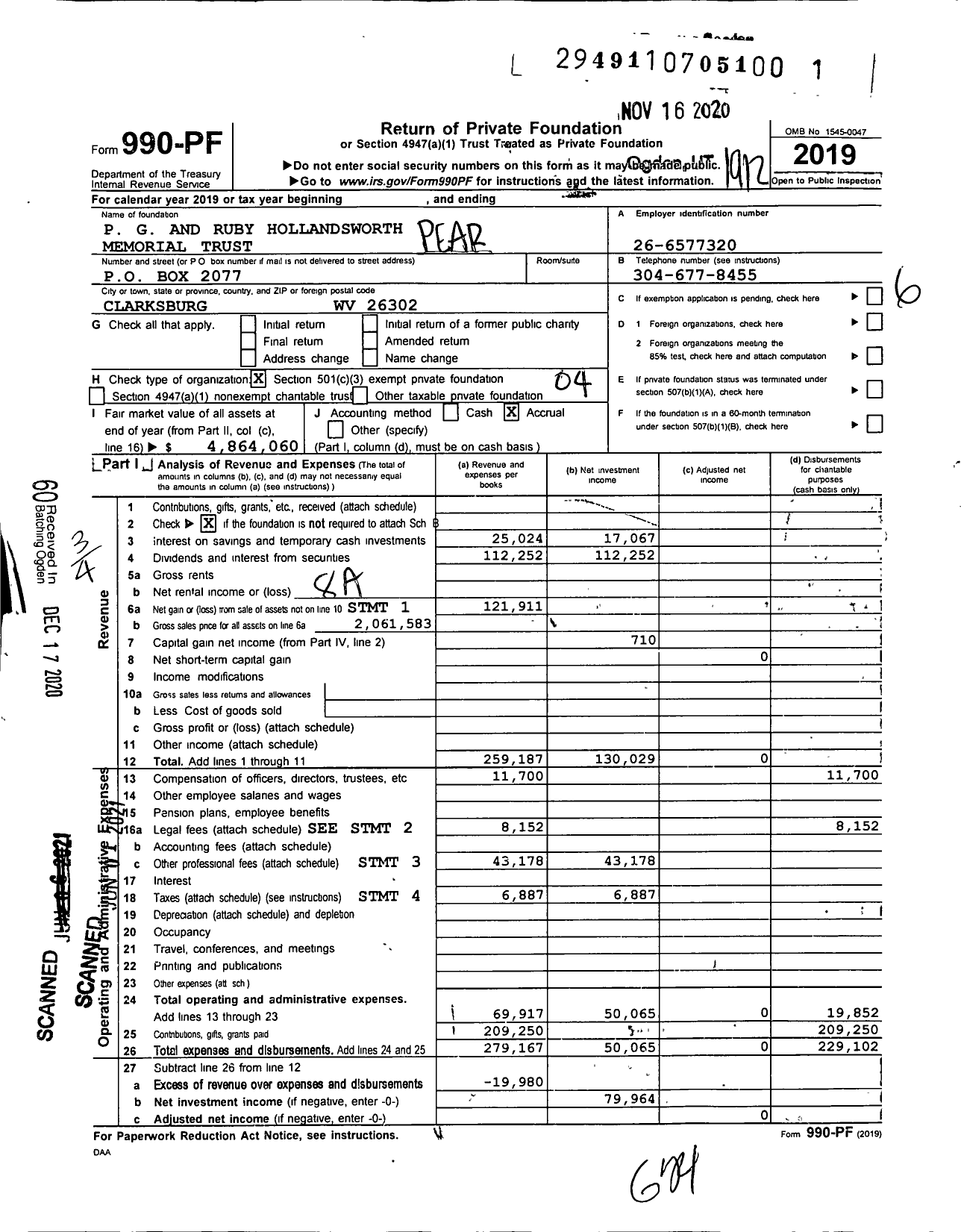 Image of first page of 2019 Form 990PF for P G and Ruby Hollandsworth Memorial Trust