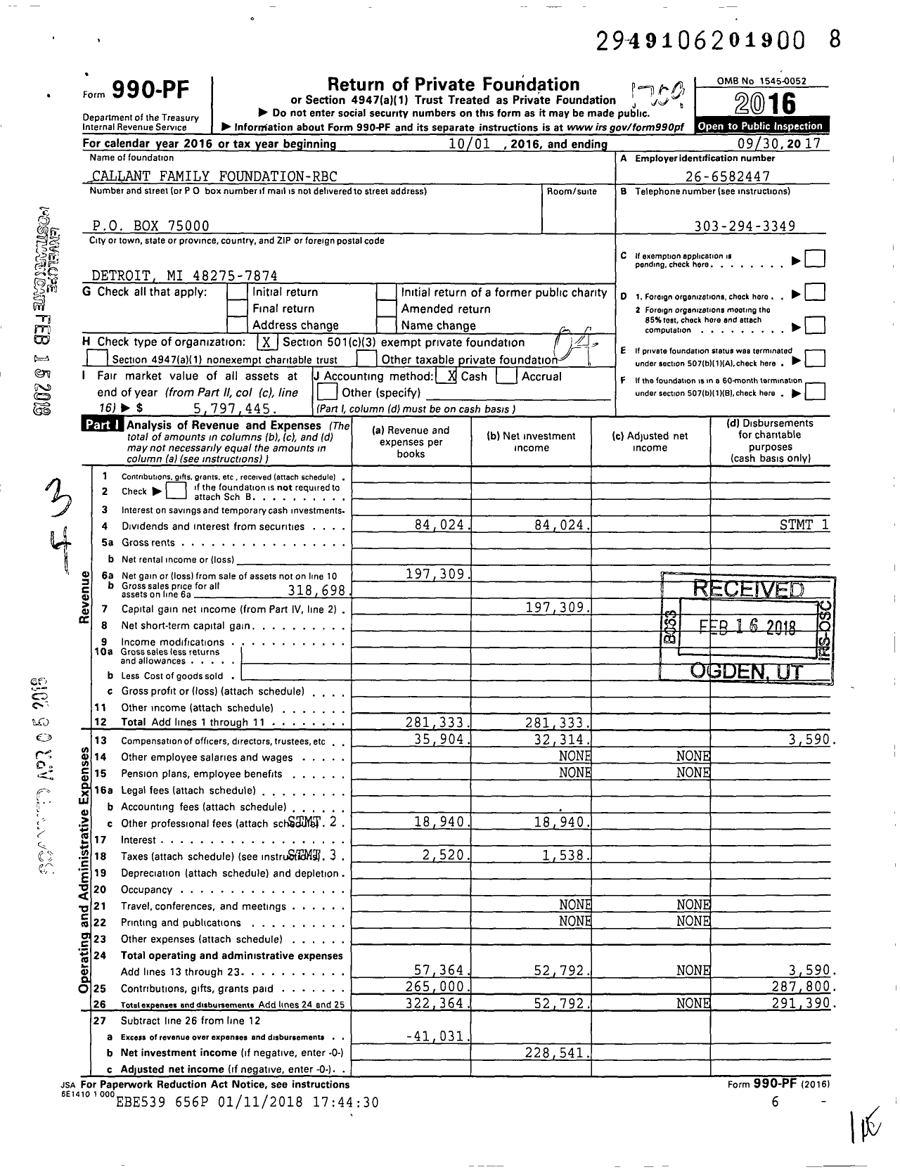 Image of first page of 2016 Form 990PF for Callant Family Foundation-Cma