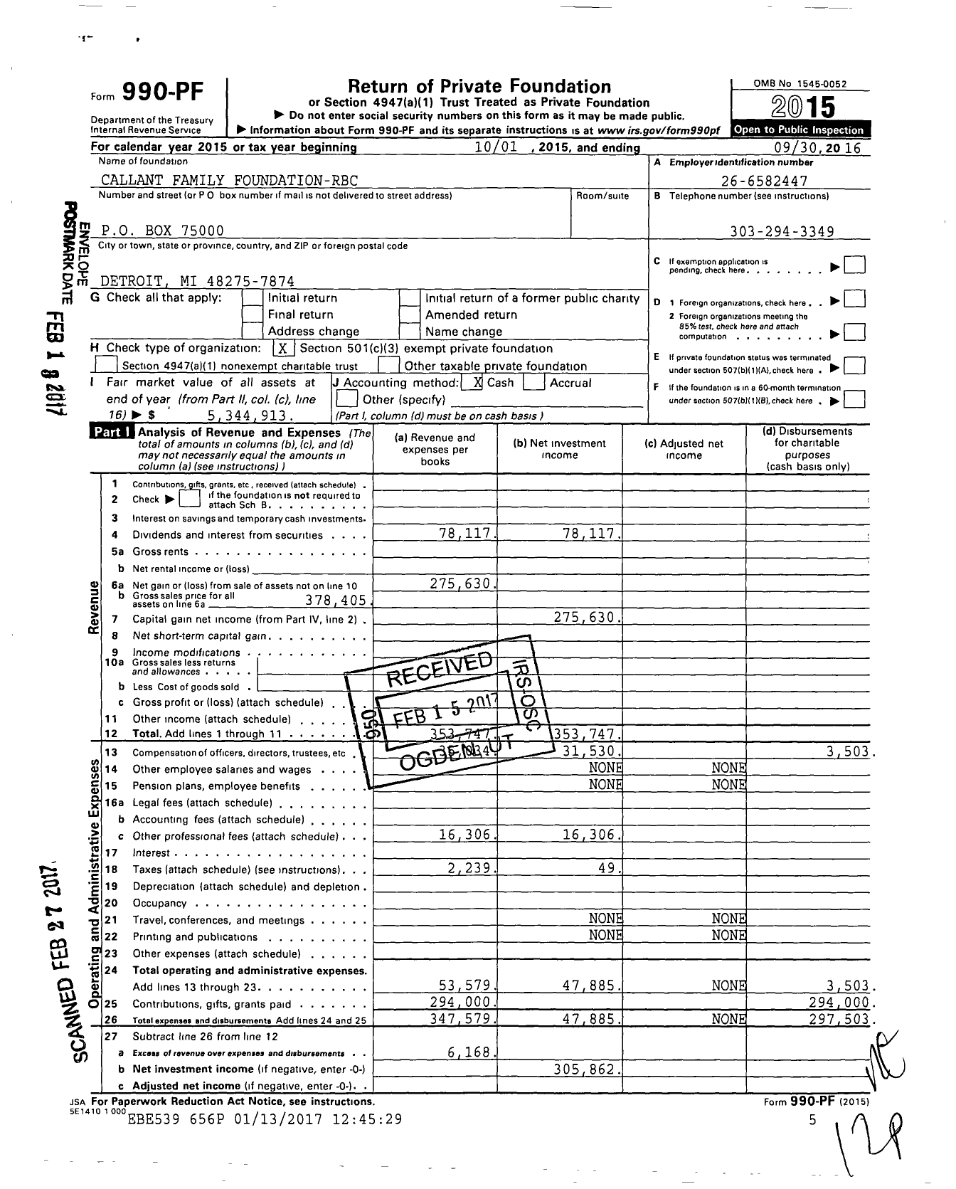 Image of first page of 2015 Form 990PF for Callant Family Foundation-Cma