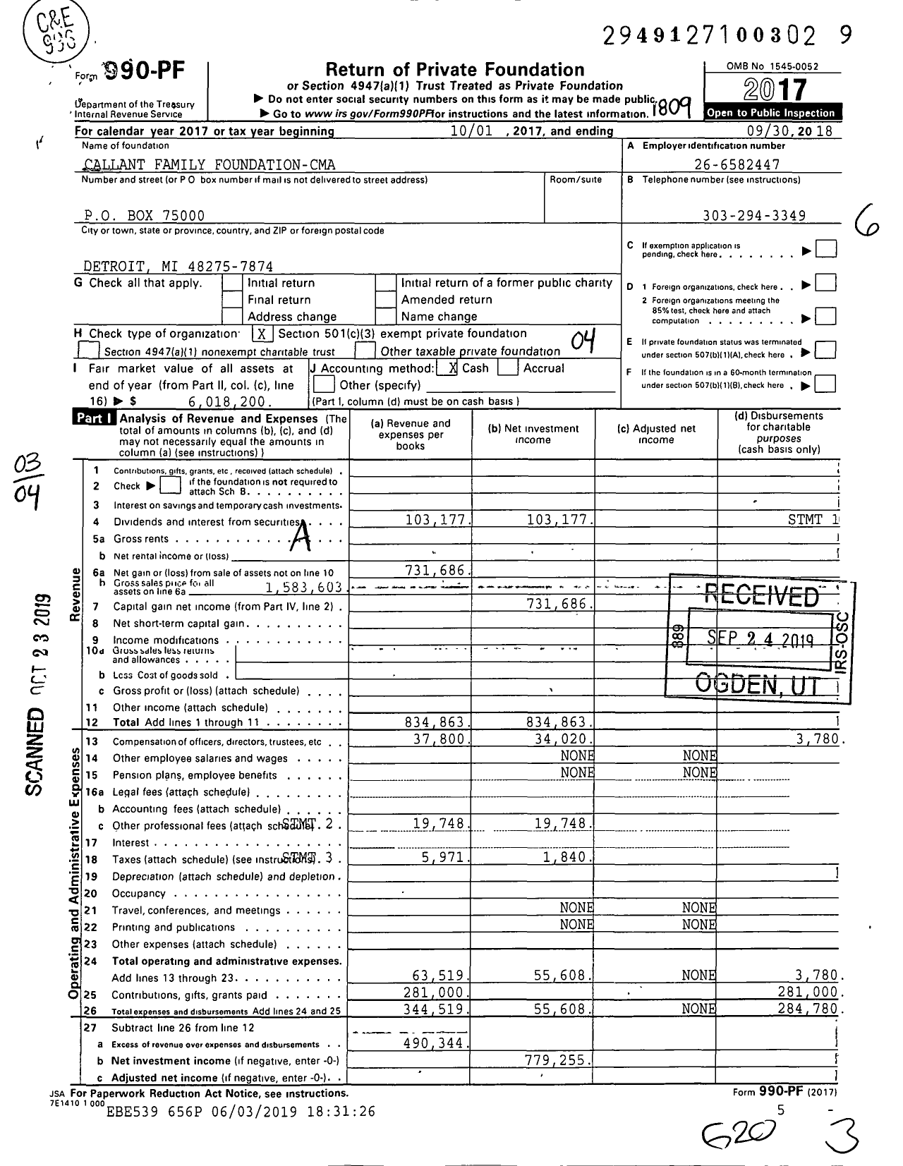 Image of first page of 2017 Form 990PF for Callant Family Foundation-Cma