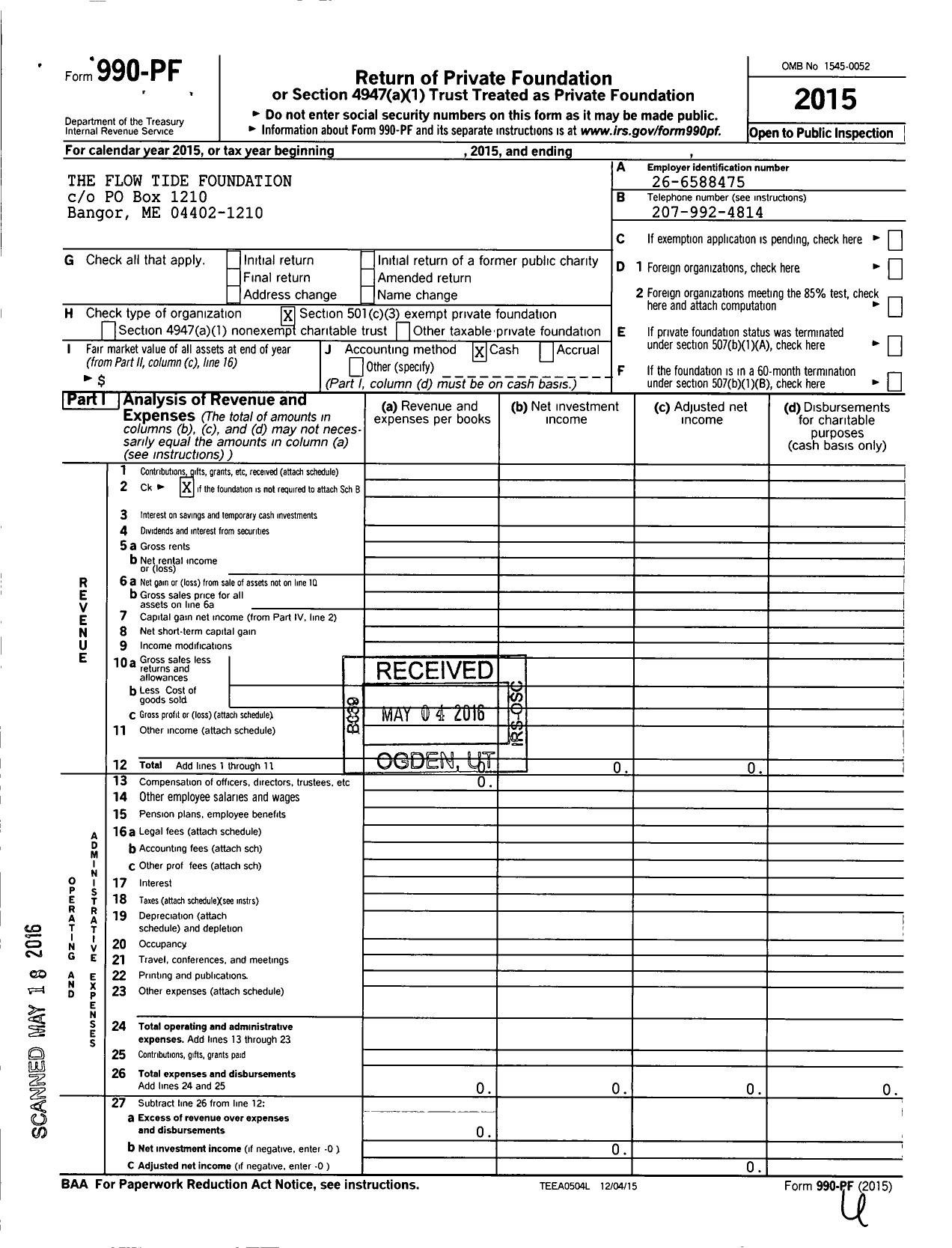 Image of first page of 2015 Form 990PF for The Flow Tide Foundation