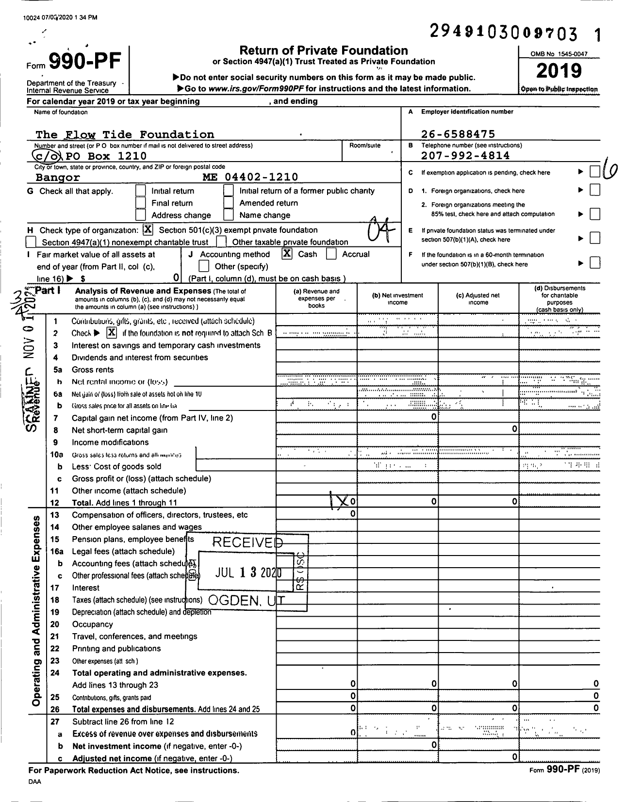 Image of first page of 2019 Form 990PF for The Flow Tide Foundation