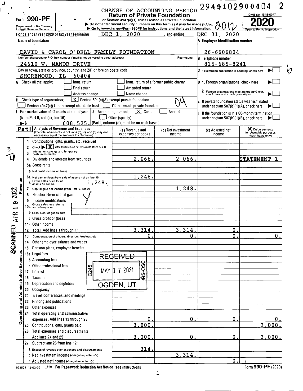 Image of first page of 2020 Form 990PF for David and Carol O'Dell Family Foundation