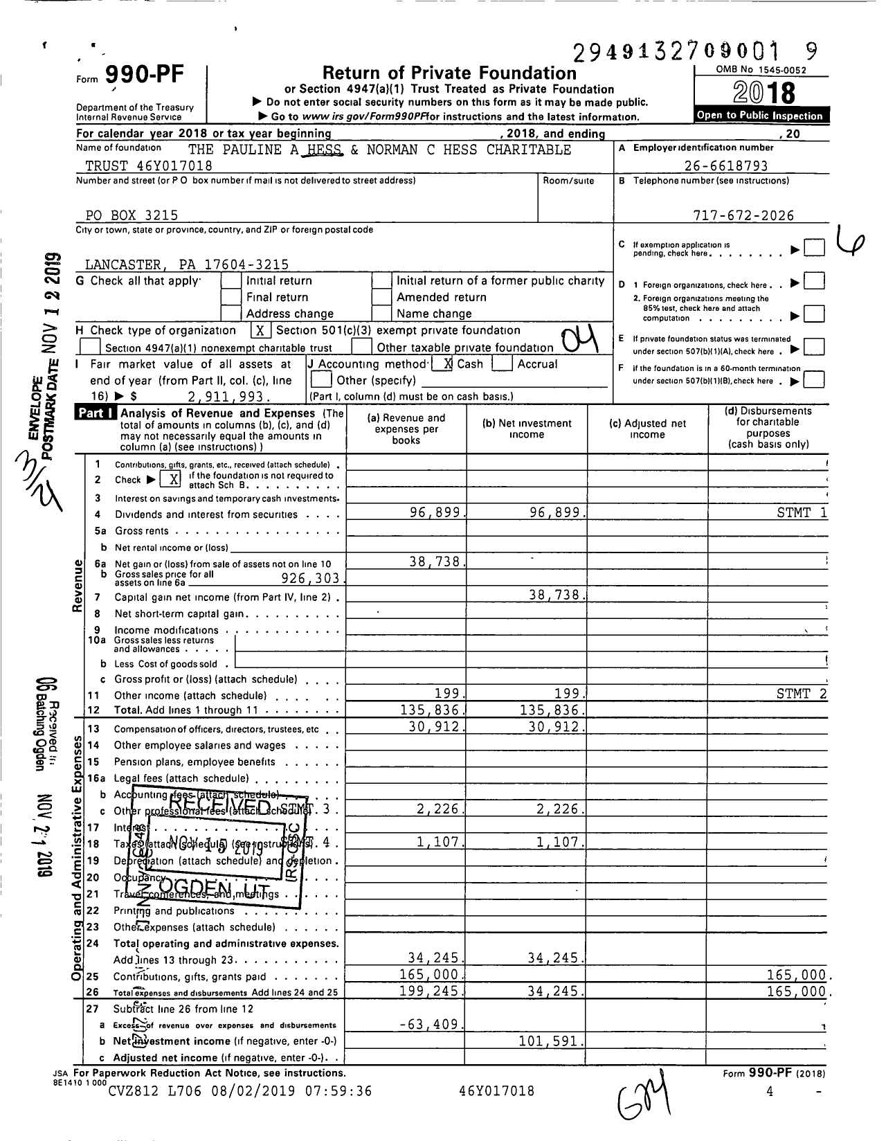 Image of first page of 2018 Form 990PF for Pauline Anderson Hess and Norman C Hess