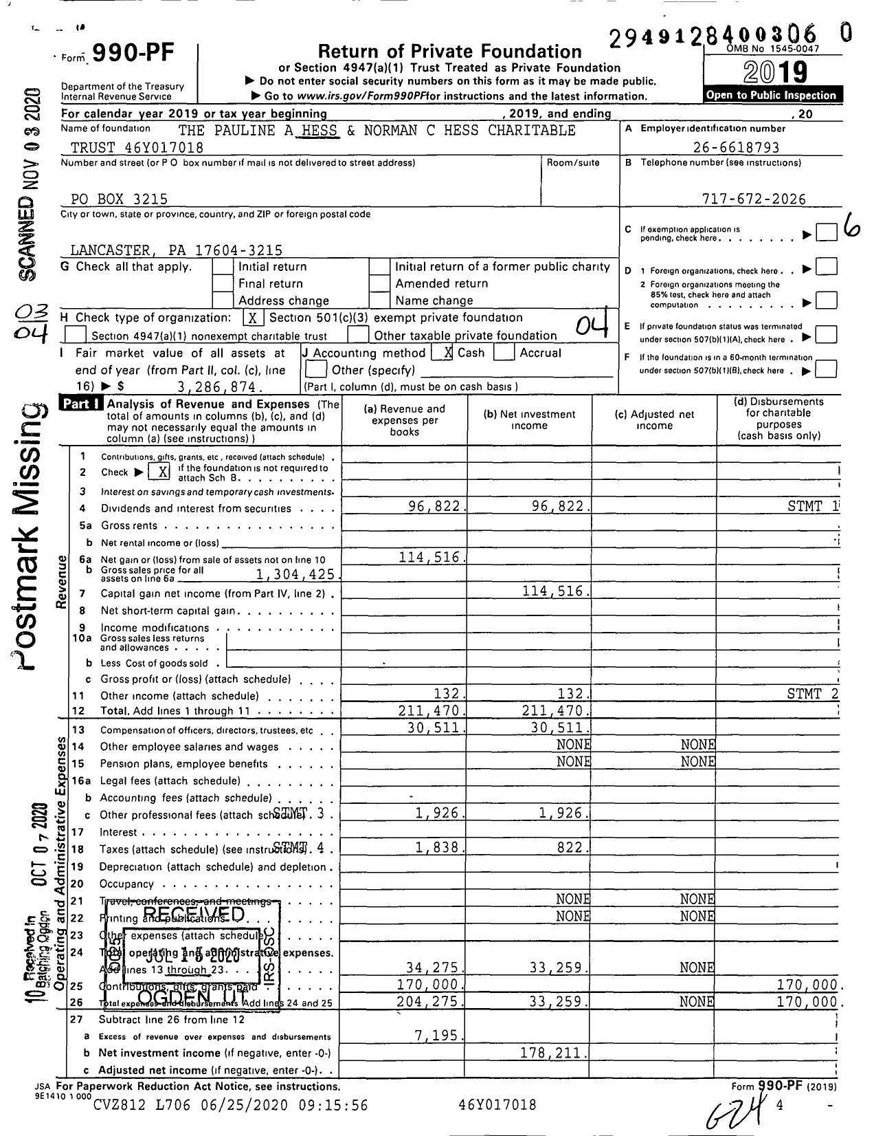 Image of first page of 2019 Form 990PF for Pauline Anderson Hess and Norman C Hess