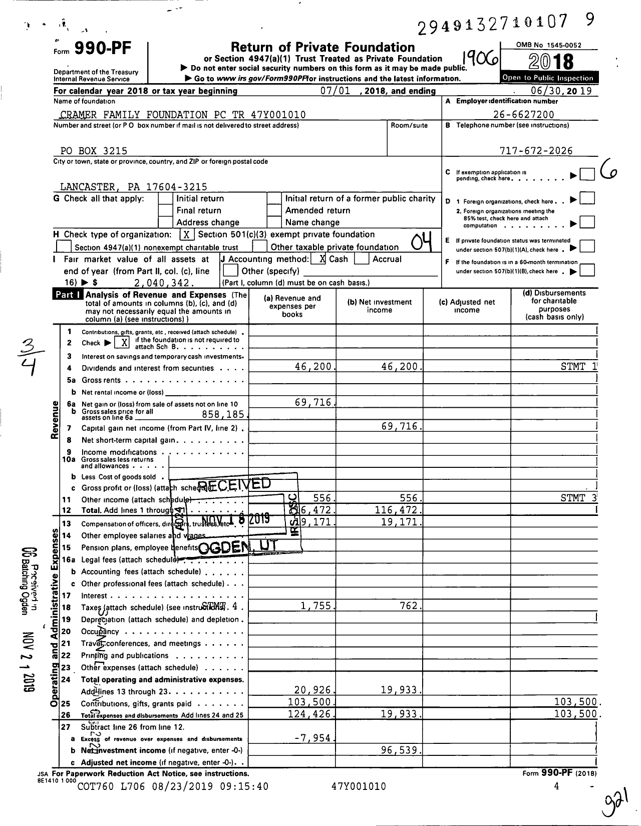 Image of first page of 2018 Form 990PF for Cramer Family Foundation PC TR 47y001010