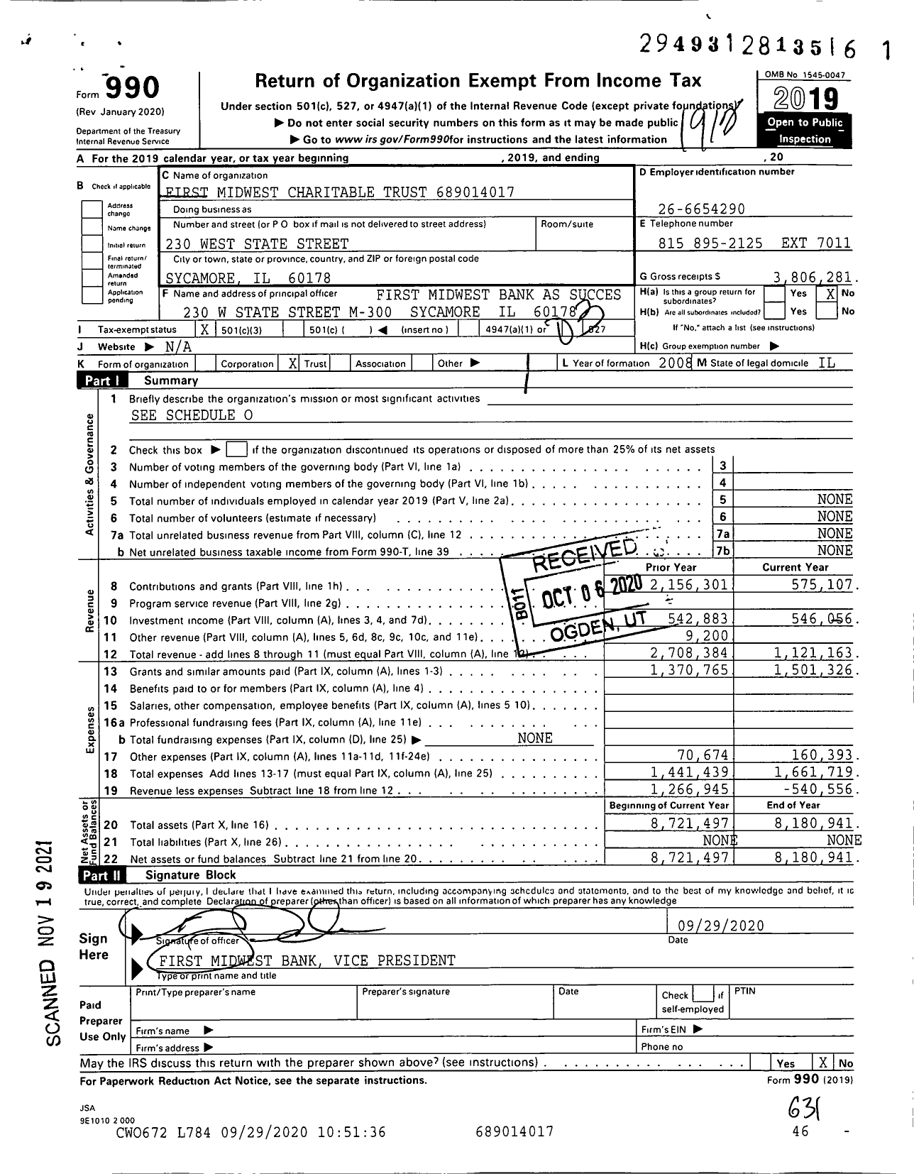 Image of first page of 2019 Form 990 for First Midwest Charitable Trust XXX-XX-XXXX