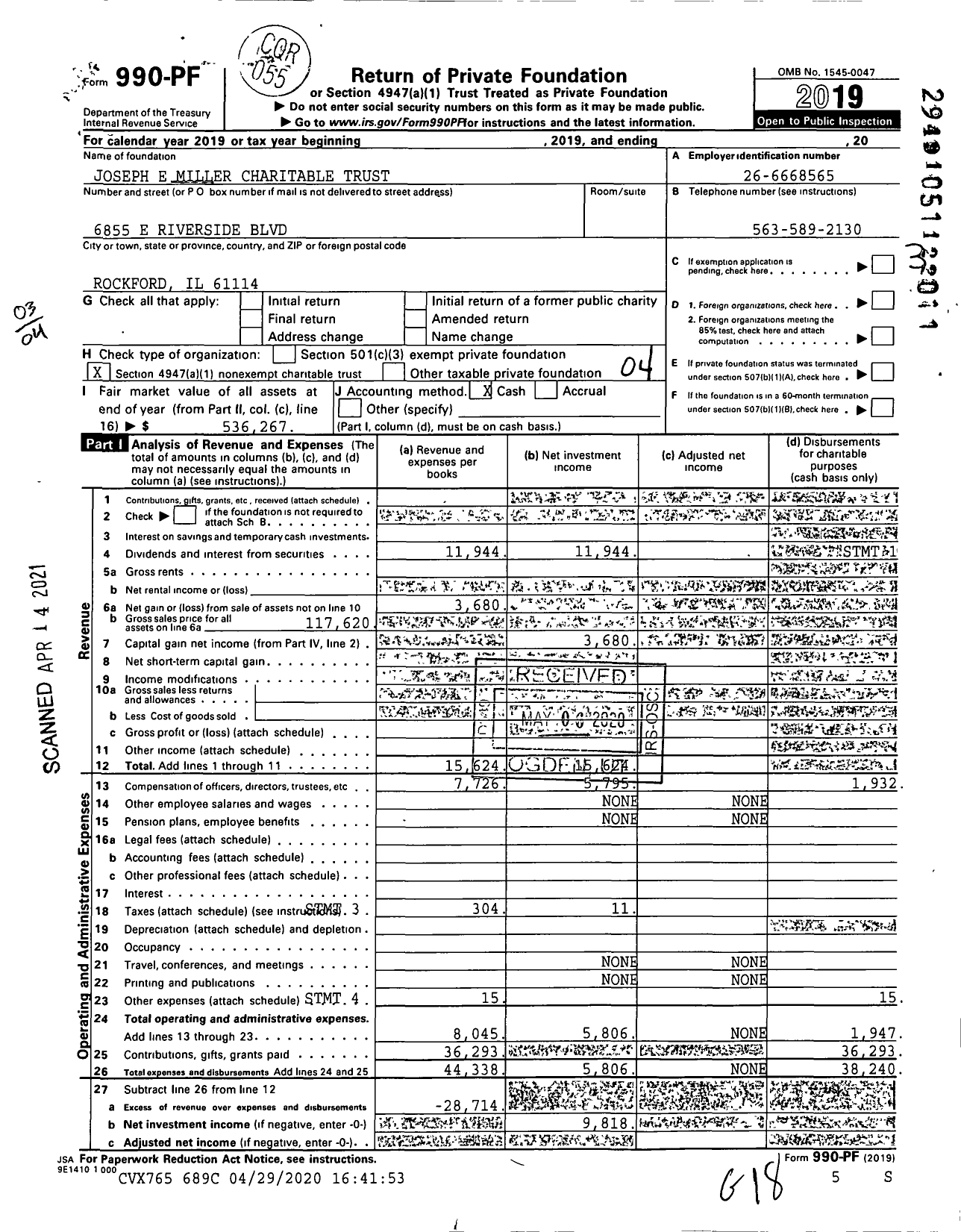 Image of first page of 2019 Form 990PF for Joseph E Miller Charitable Trust