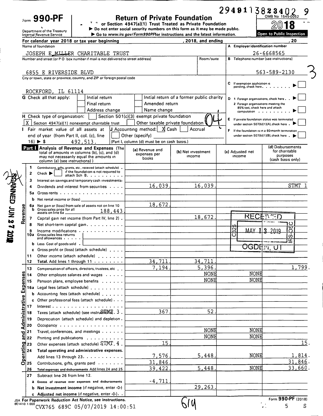 Image of first page of 2018 Form 990PF for Joseph E Miller Charitable Trust