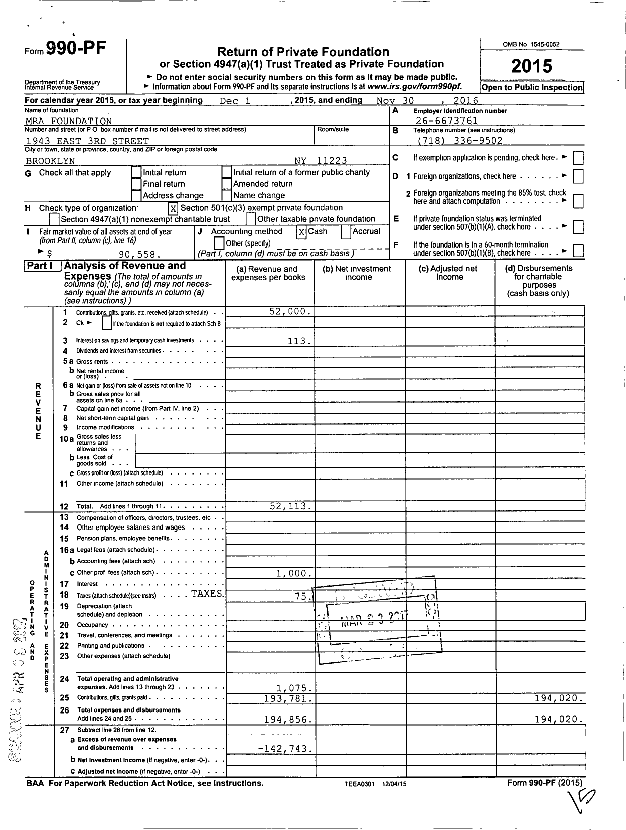 Image of first page of 2015 Form 990PF for Mra Foundation