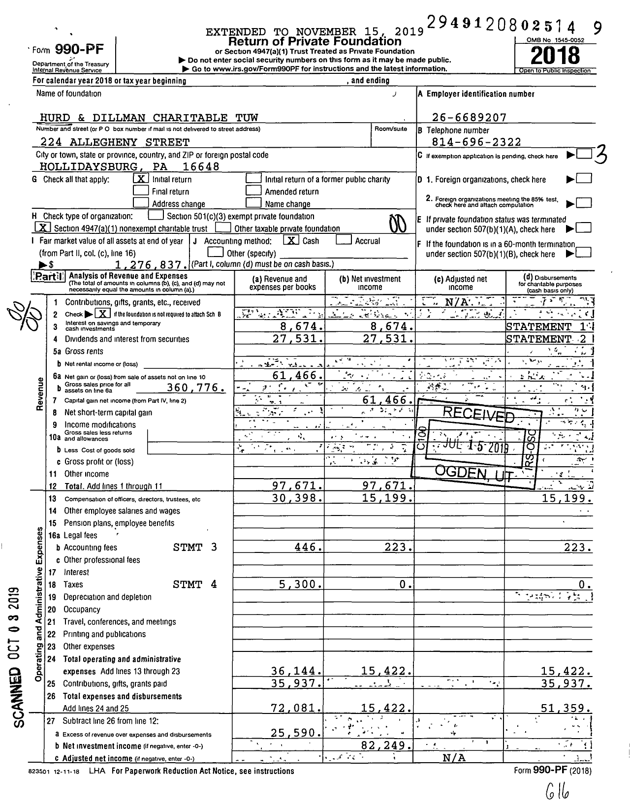 Image of first page of 2018 Form 990PF for Hurd and Dillman Charitable Tuw