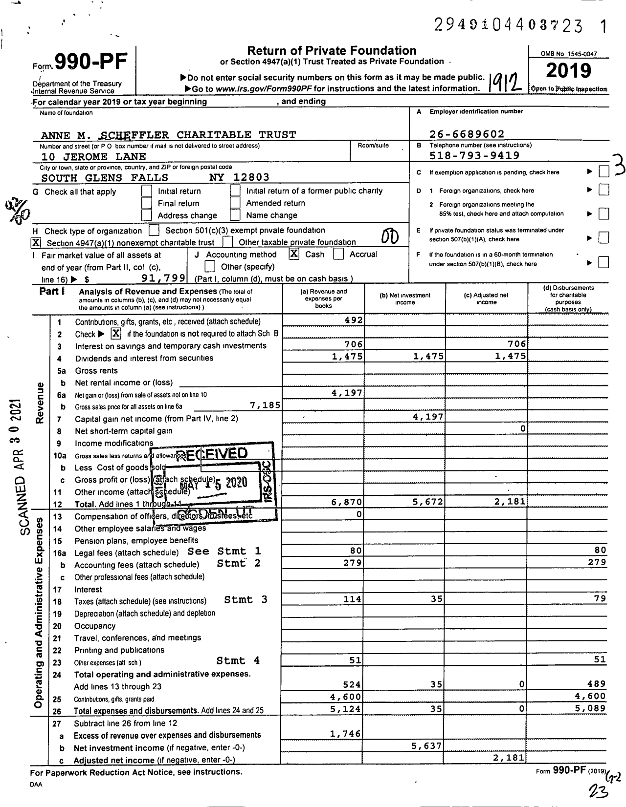 Image of first page of 2019 Form 990PF for Anne M Scheffler Charitable Trust