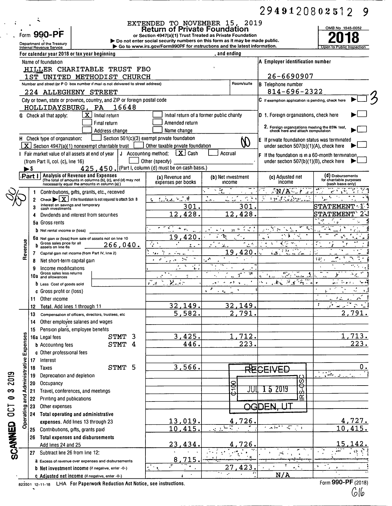 Image of first page of 2018 Form 990PF for Hiller Charitable Trust Fbo 1st United Methodist Church