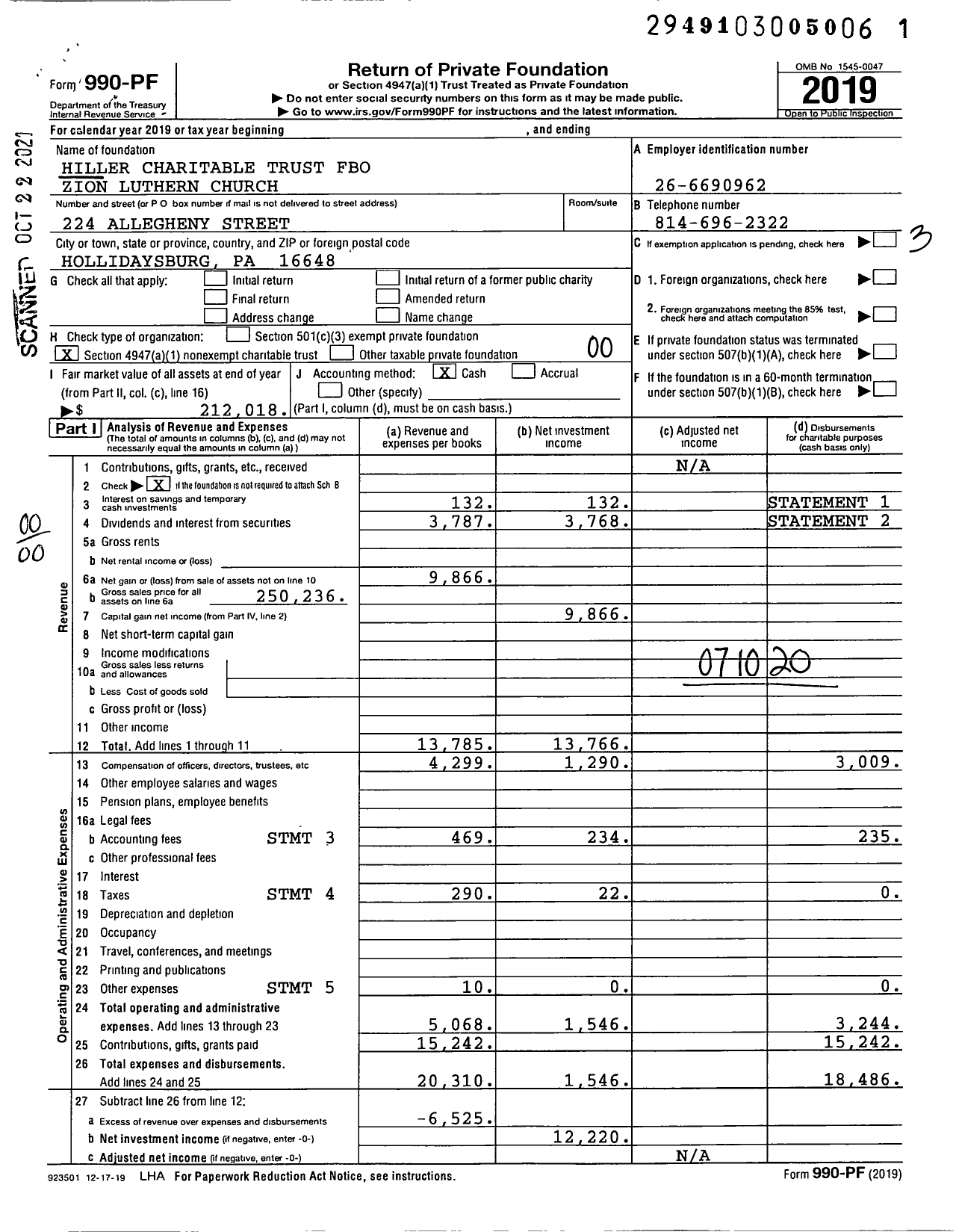 Image of first page of 2019 Form 990PF for Hiller Charitable Trust Fbo Zion Luthern Church