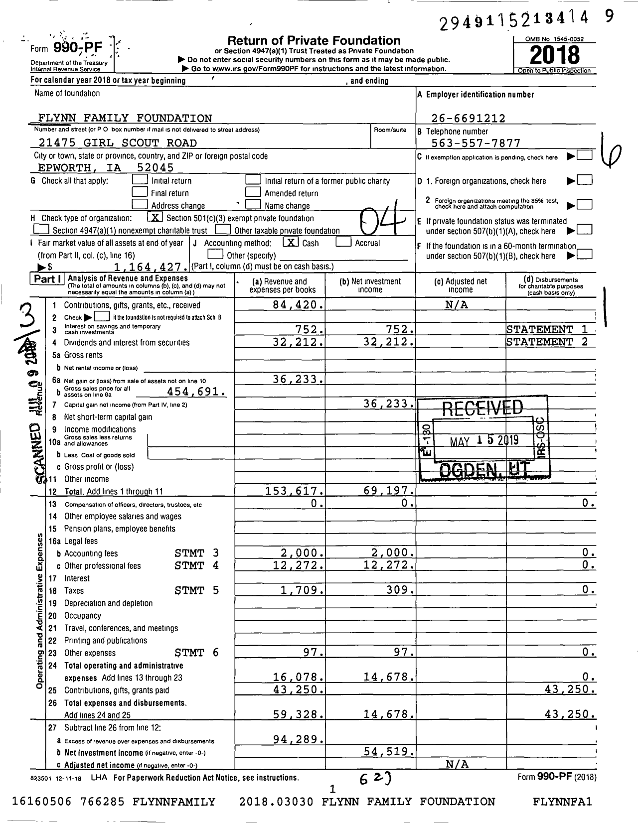 Image of first page of 2018 Form 990PF for Flynn Family Foundation / Thomas L Flynn Ttee