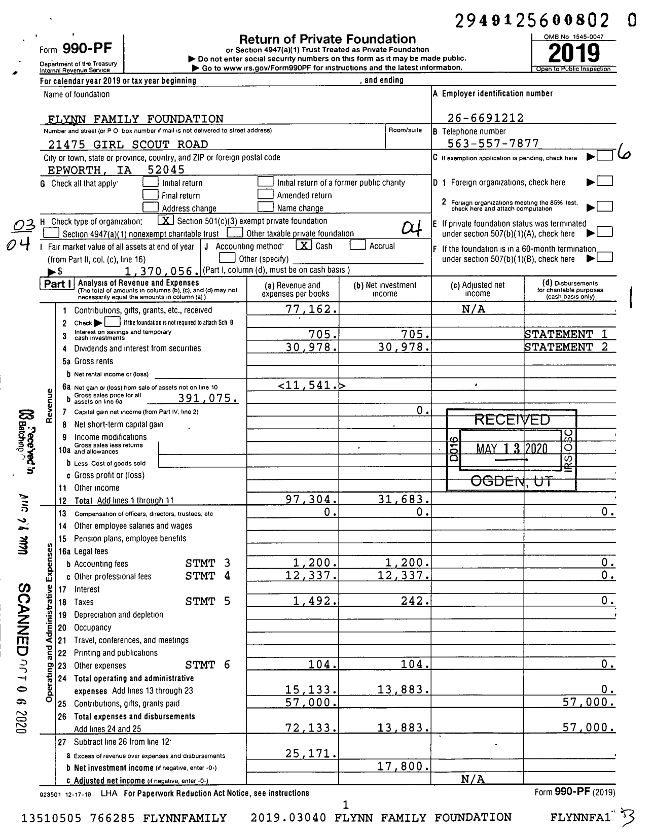 Image of first page of 2019 Form 990PR for Flynn Family Foundation / Thomas L Flynn Ttee