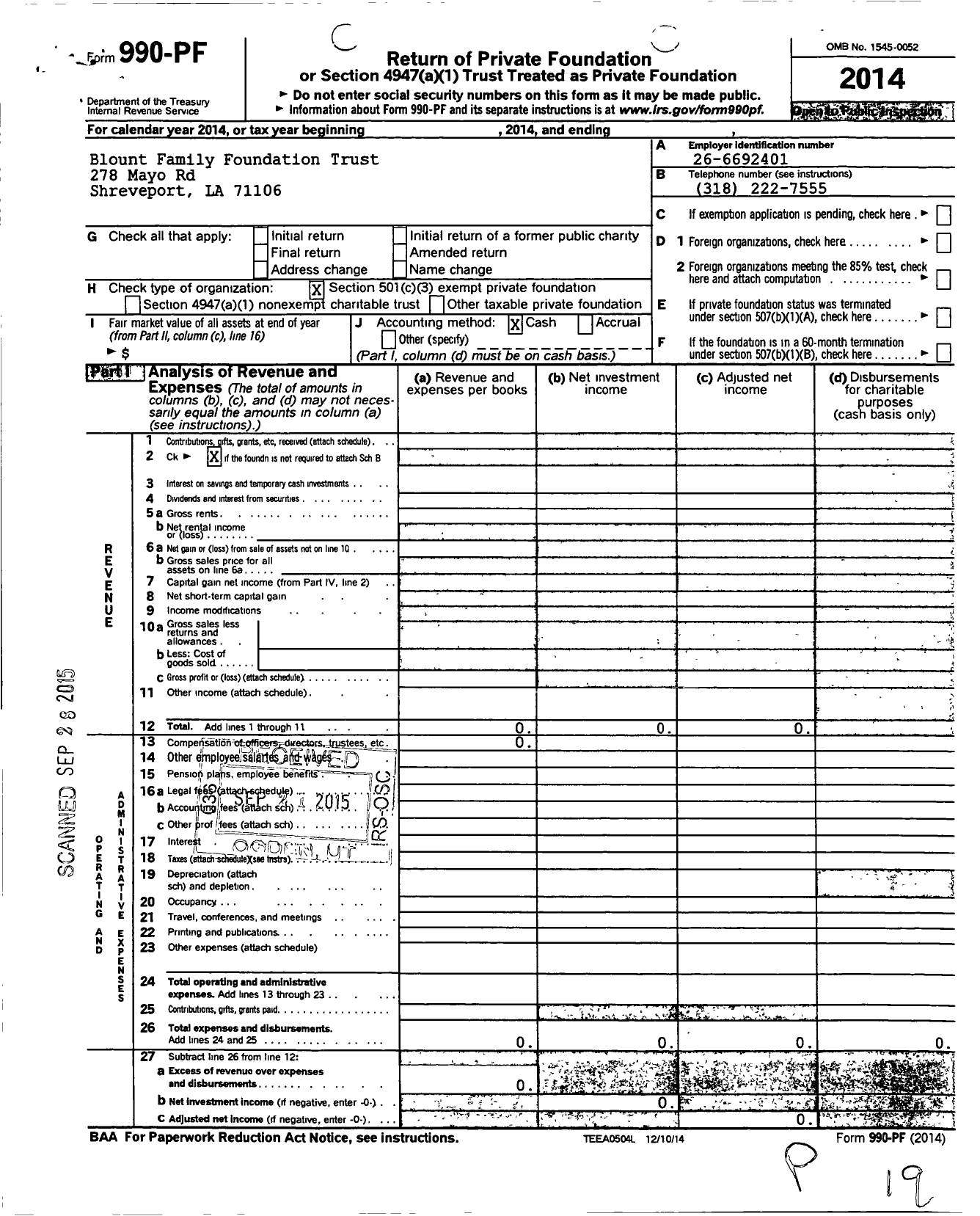 Image of first page of 2014 Form 990PF for Blount Family Foundation Trust