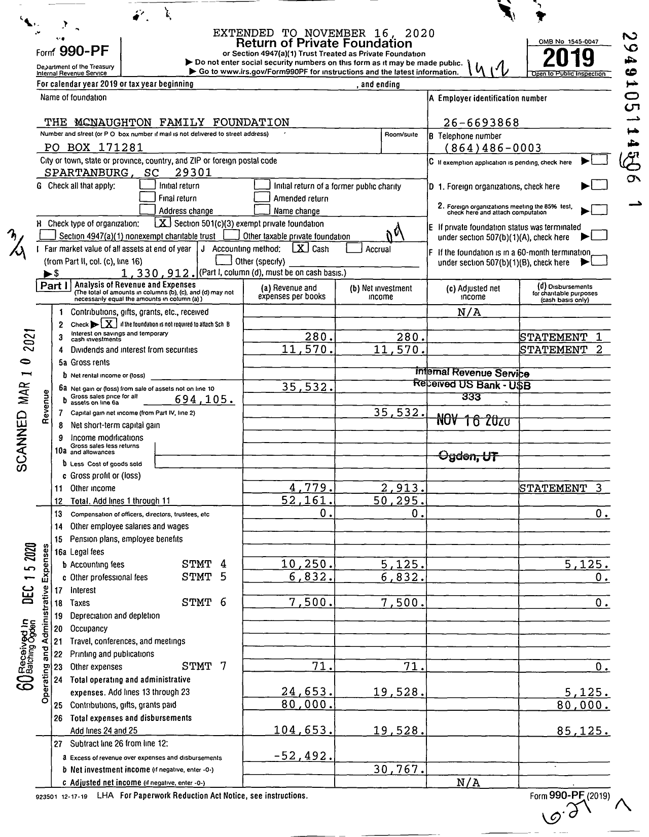 Image of first page of 2019 Form 990PF for The Mcnaughton Family Foundation