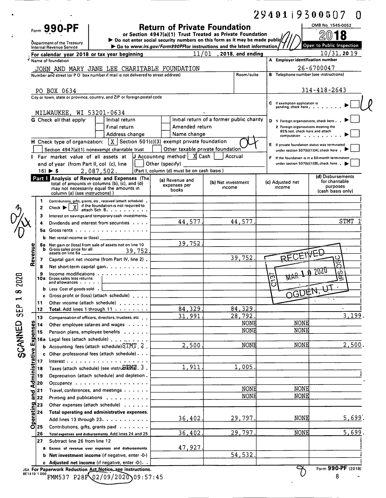 Image of first page of 2018 Form 990PR for John and Mary Jane Lee Charitable Foundation