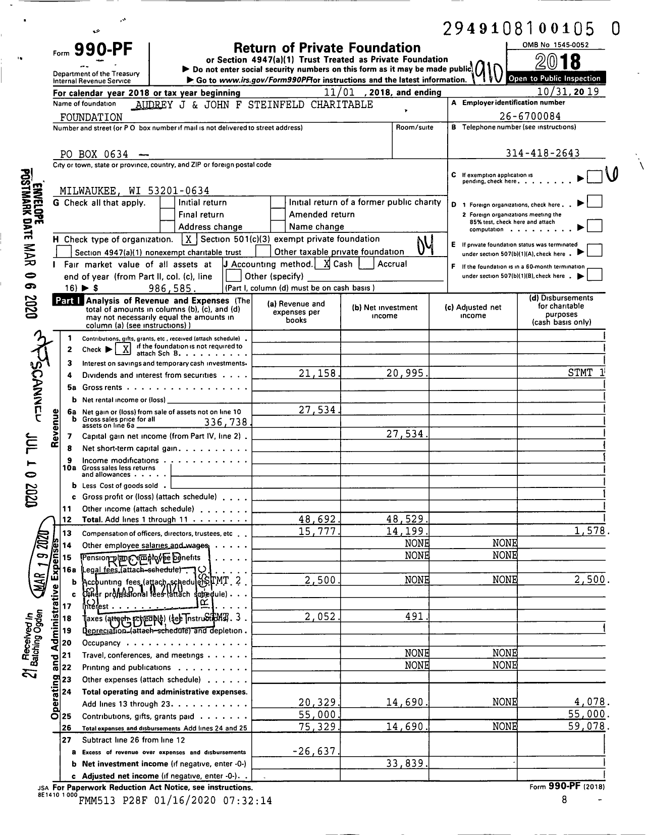 Image of first page of 2018 Form 990PR for Audrey J and John F Steinfeld Charitable