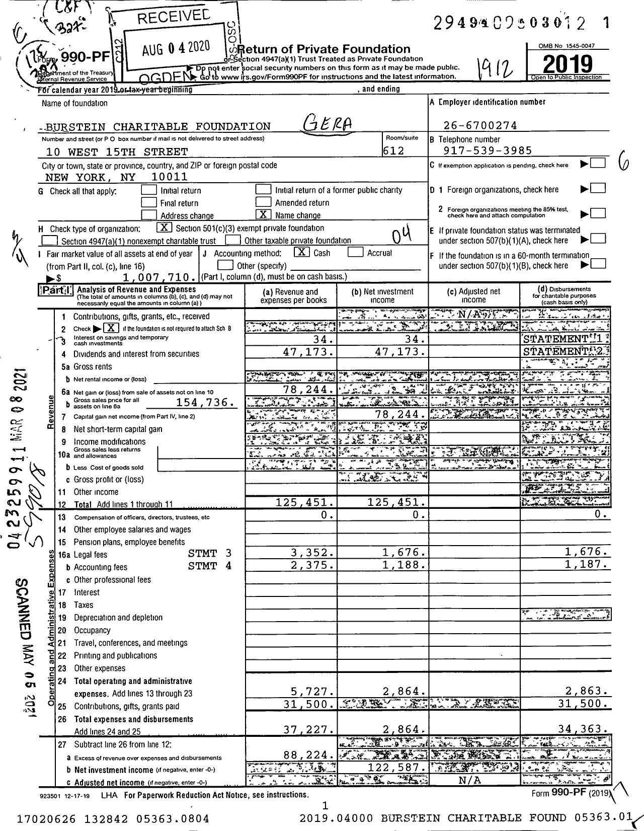 Image of first page of 2019 Form 990PF for Burstein Charitable Foundation