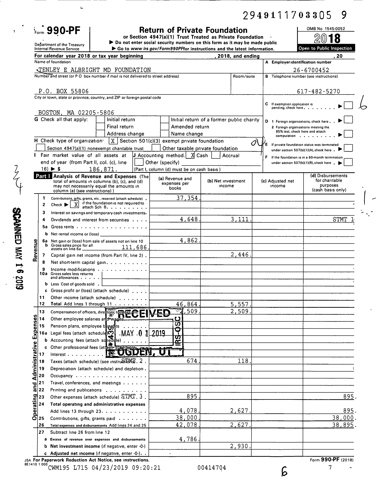Image of first page of 2018 Form 990PF for Tenley E Albright MD Foundation