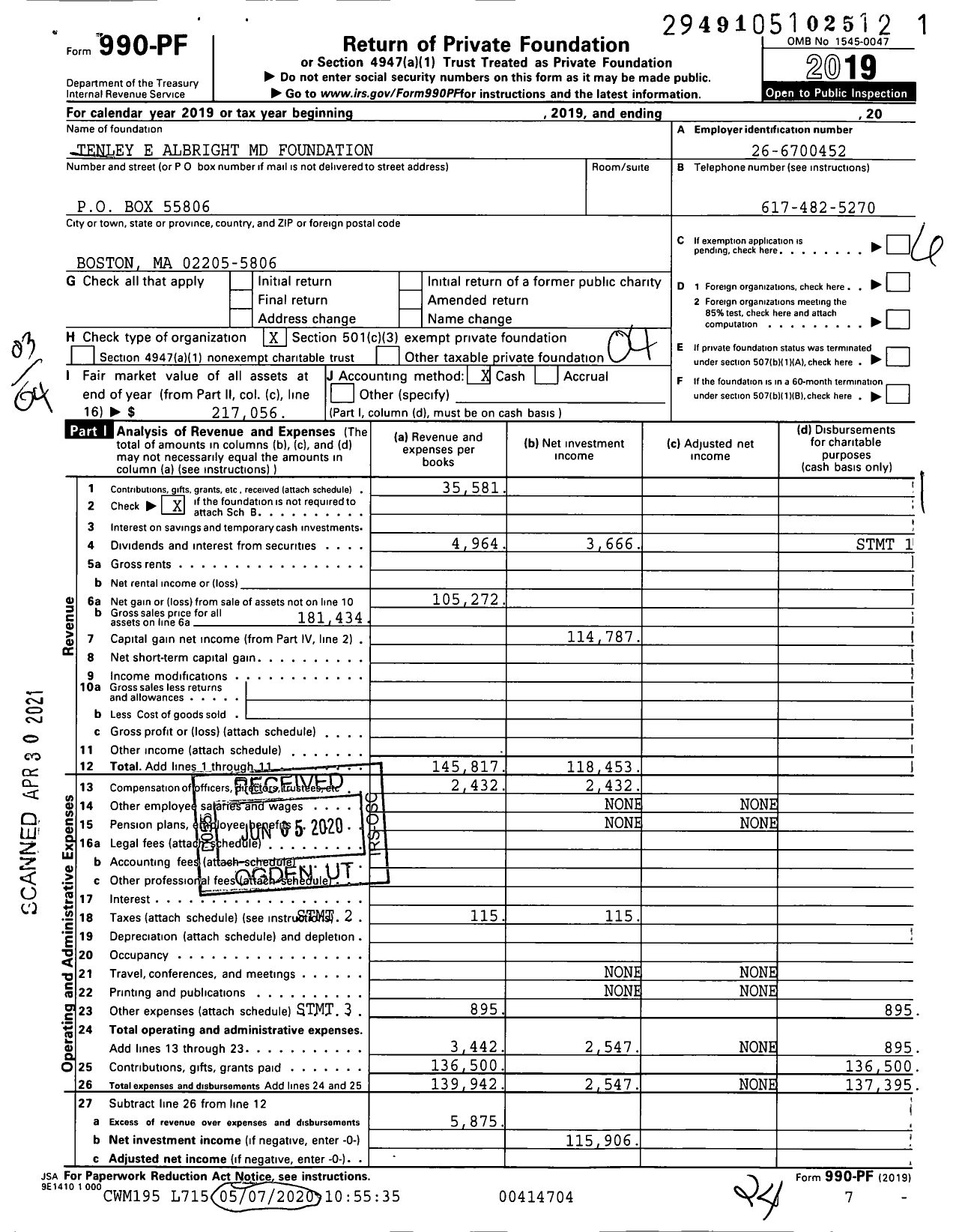 Image of first page of 2019 Form 990PF for Tenley E Albright MD Foundation