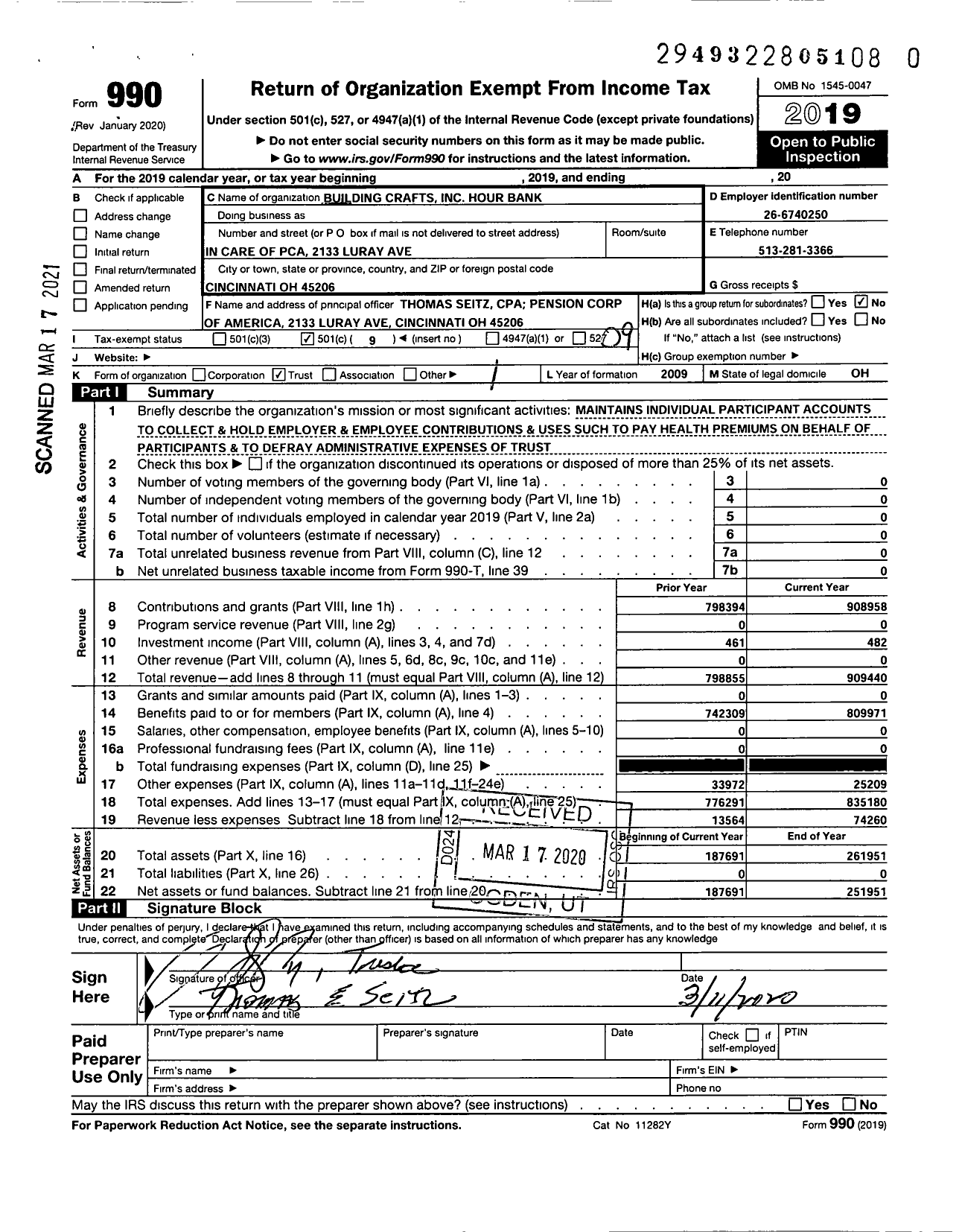 Image of first page of 2019 Form 990O for Building Crafts Hour Bank