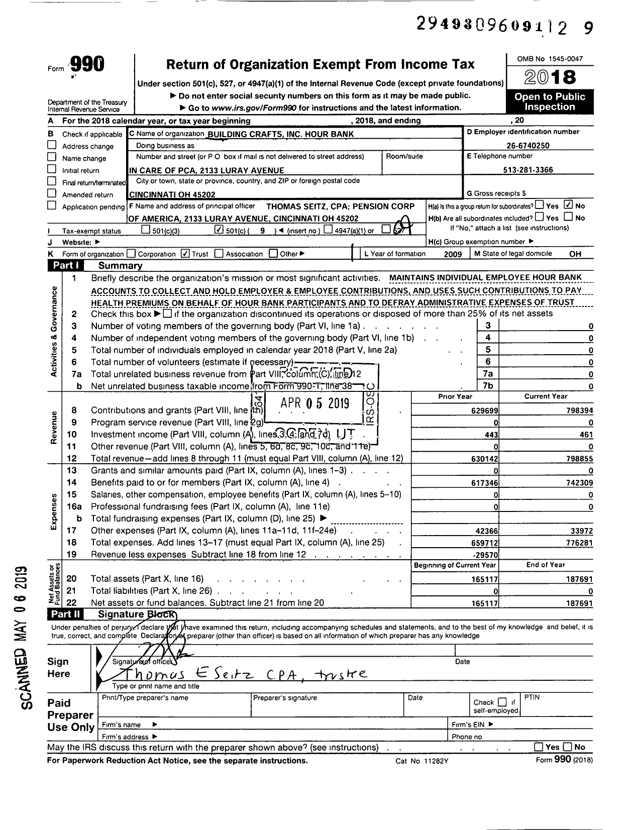 Image of first page of 2018 Form 990O for Building Crafts Hour Bank