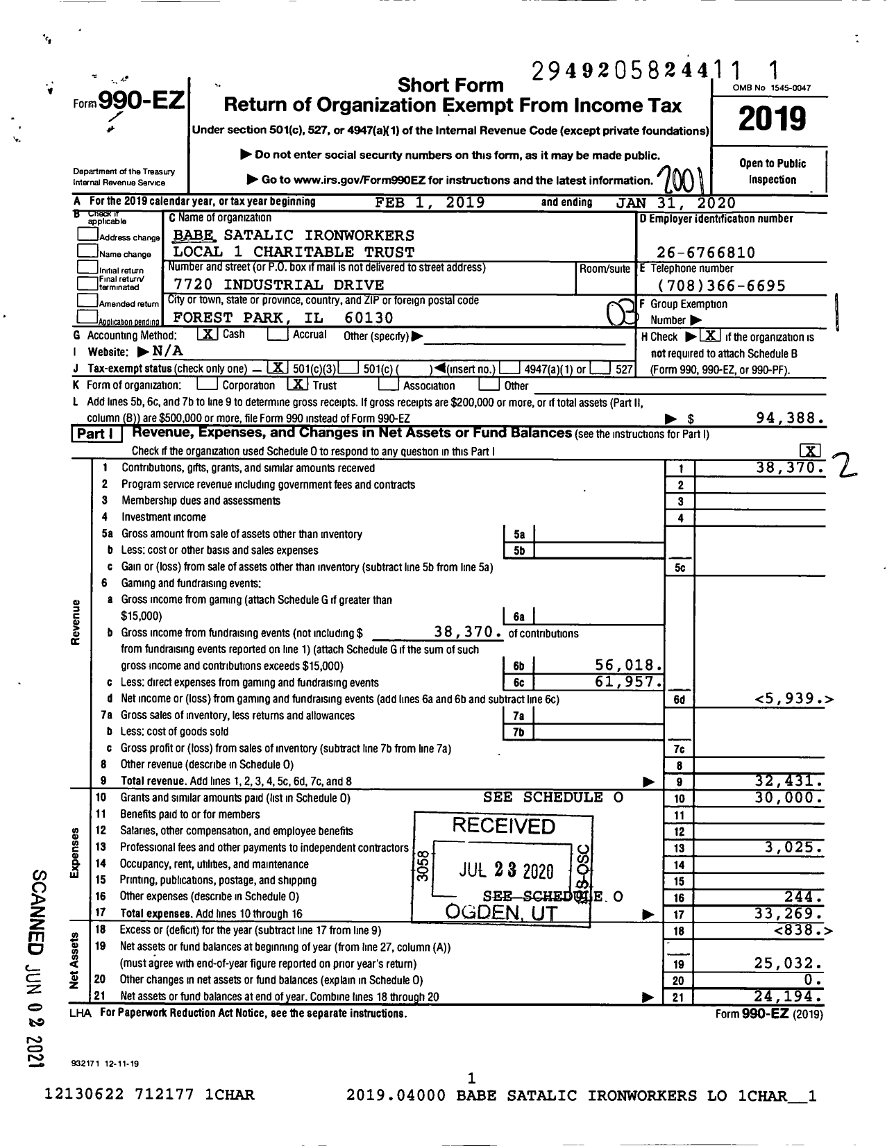 Image of first page of 2019 Form 990EZ for Babe Satalic Ironworkers Local 1 Charitable Trust