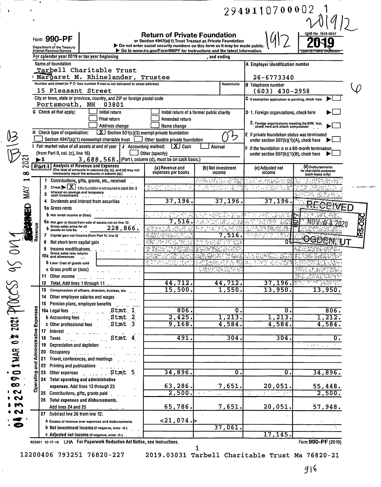 Image of first page of 2019 Form 990PF for Tarbell Charitable Trust Margaret M Rhinelander Trustee