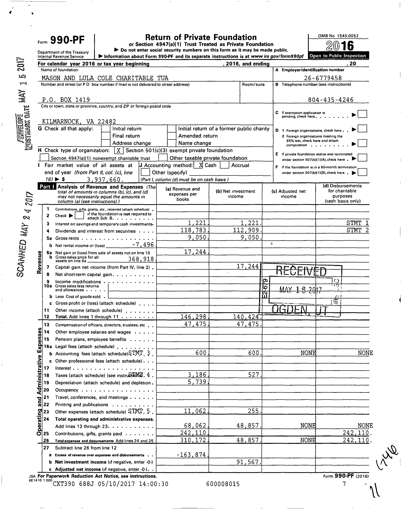 Image of first page of 2016 Form 990PF for Mason and Lula Cole Charitable Tua 600008015