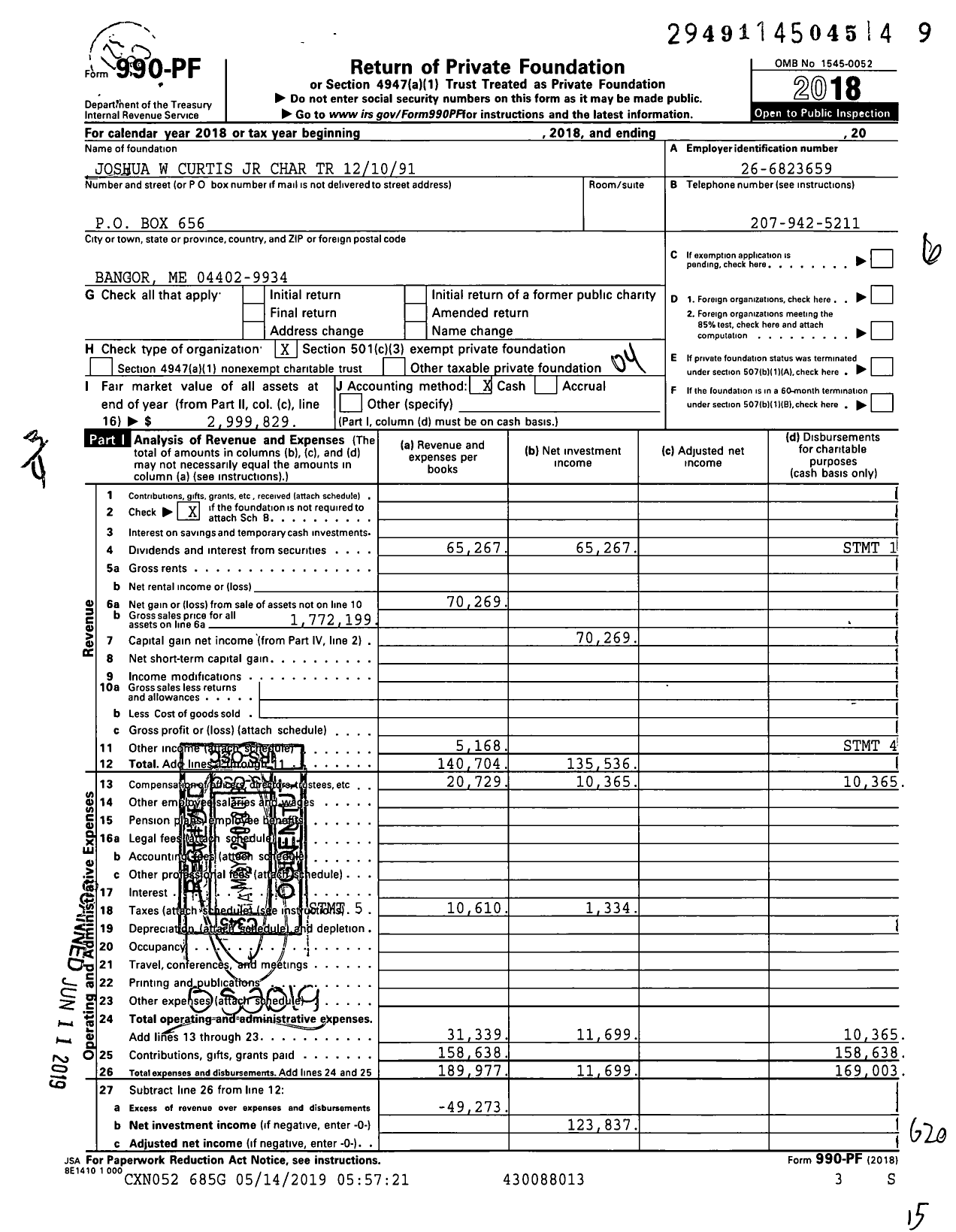 Image of first page of 2018 Form 990PF for Joshua W Curtis JR Charitable Trust 121091