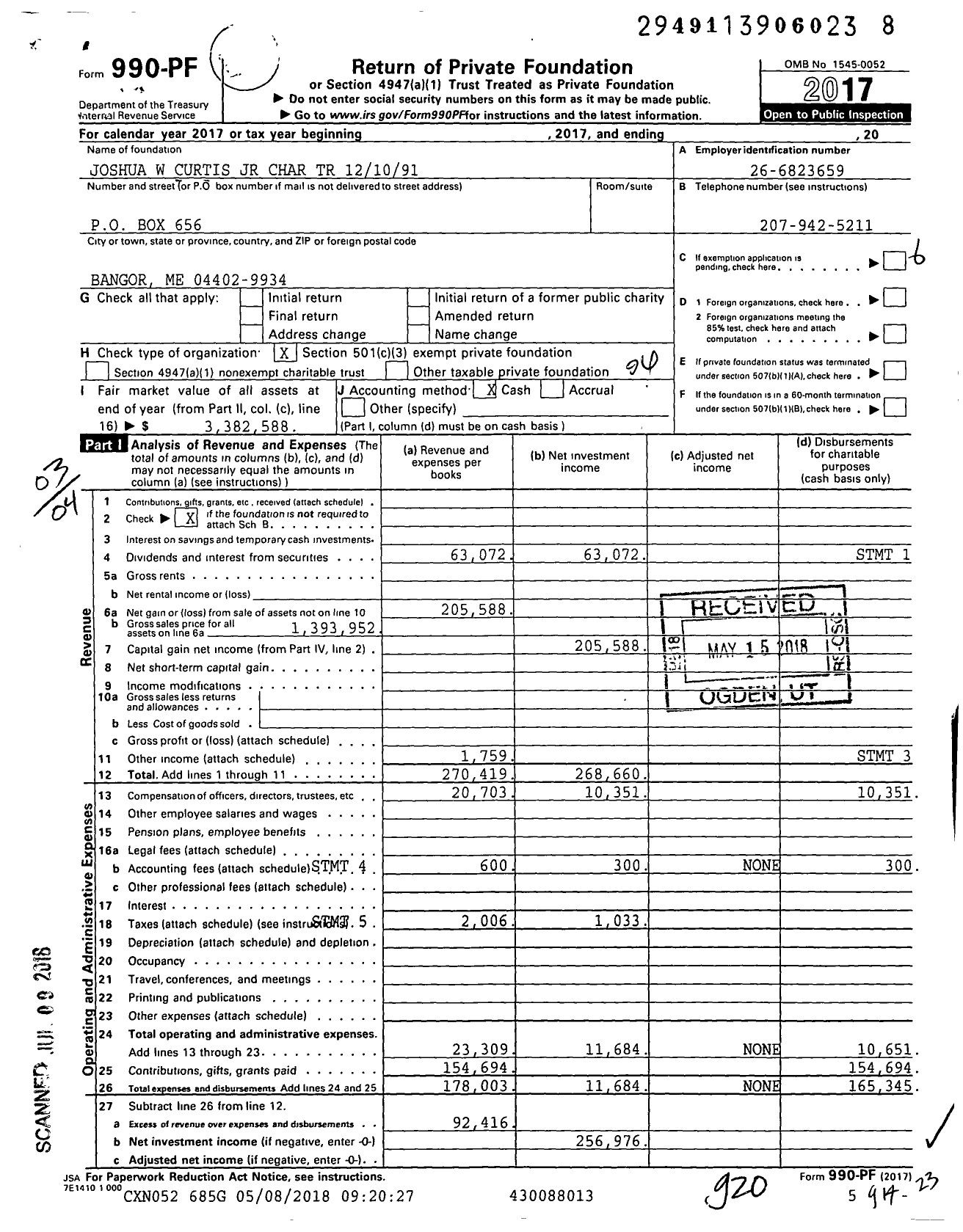 Image of first page of 2017 Form 990PF for Joshua W Curtis JR Charitable Trust 121091