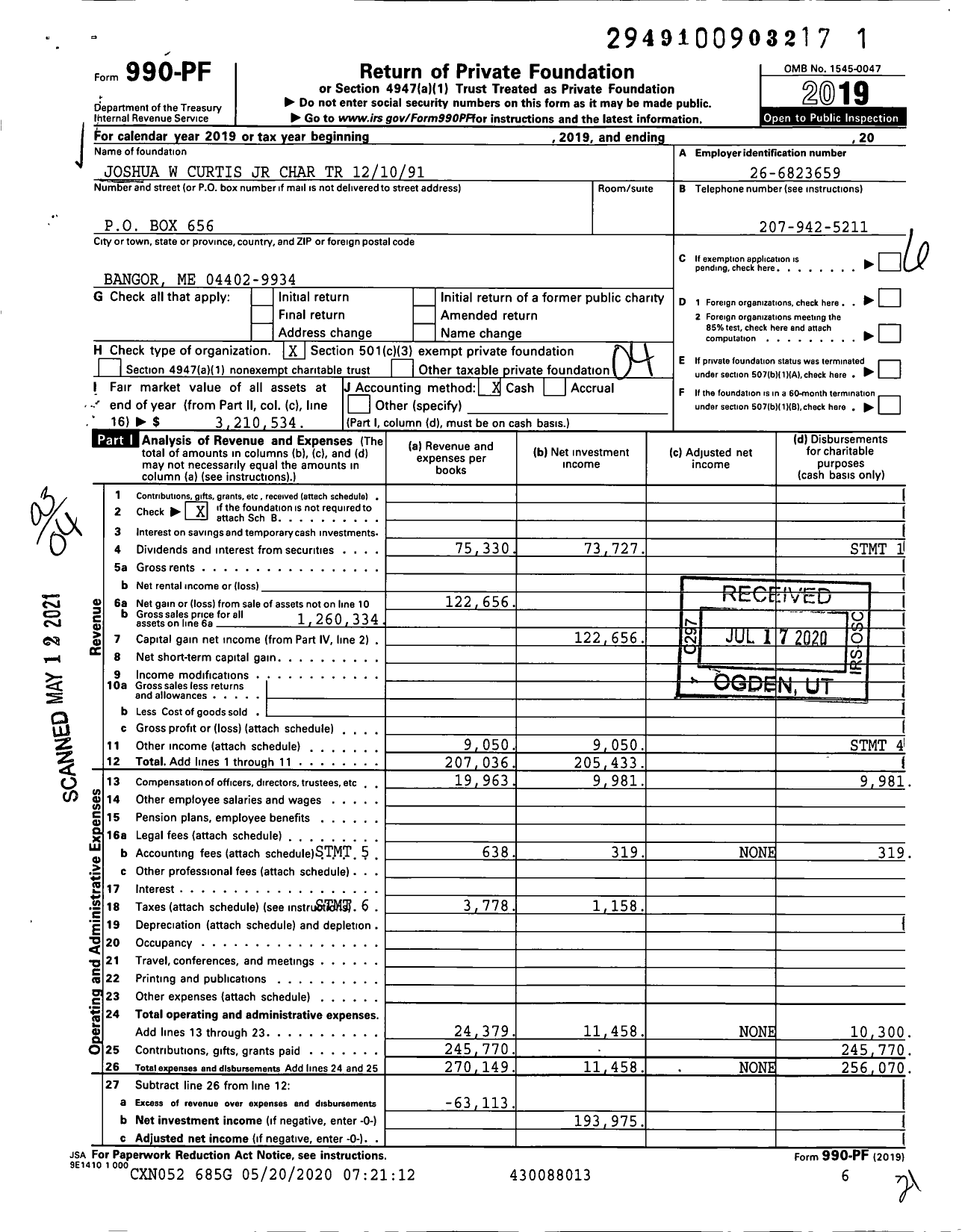 Image of first page of 2019 Form 990PF for Joshua W Curtis JR Charitable Trust 121091