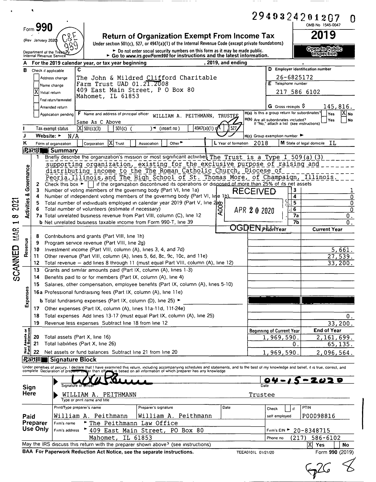 Image of first page of 2019 Form 990 for The John & Mildred Clifford Charitable Farm Trust UAD 01212008