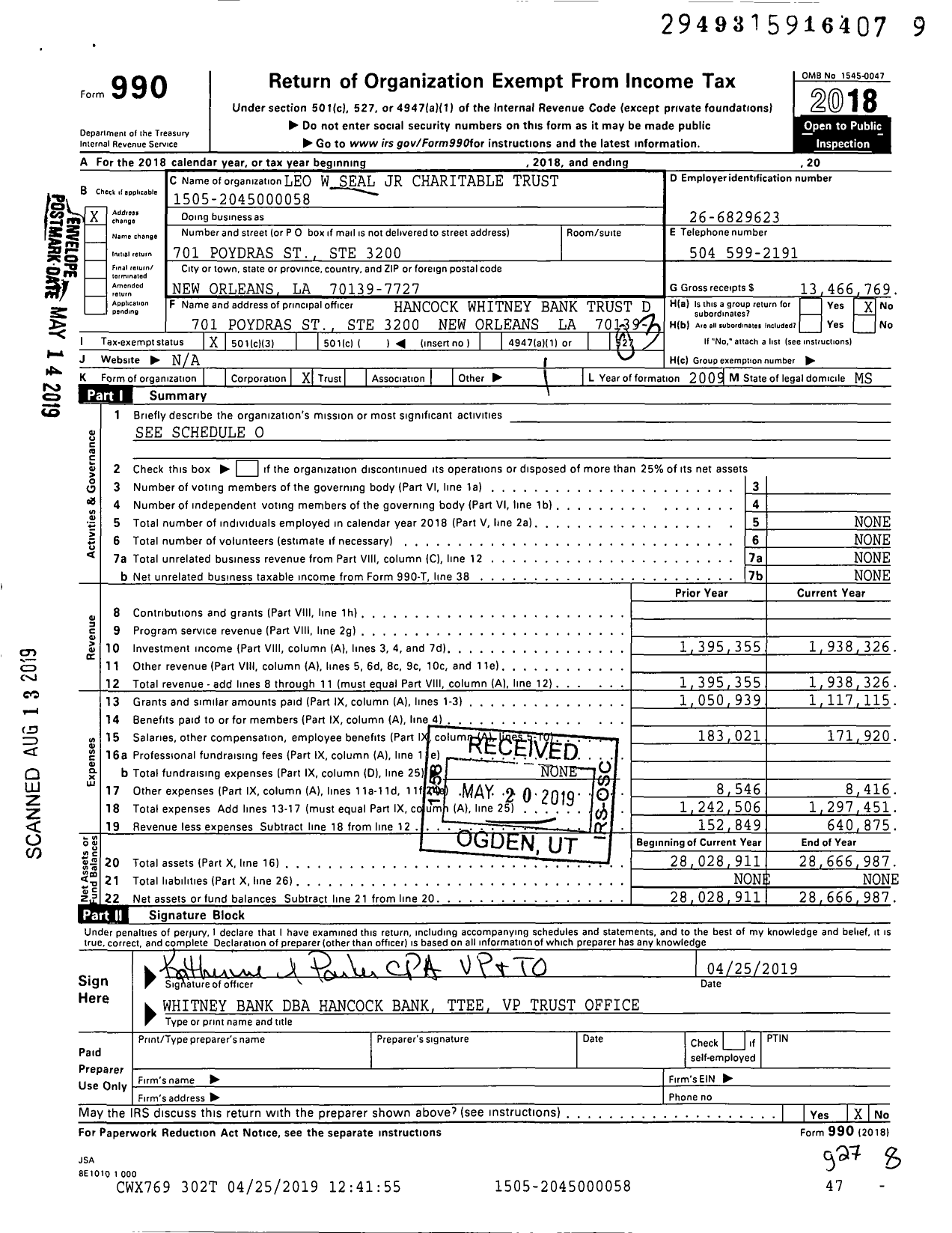 Image of first page of 2018 Form 990 for Leo W Seal JR Charitable Trust