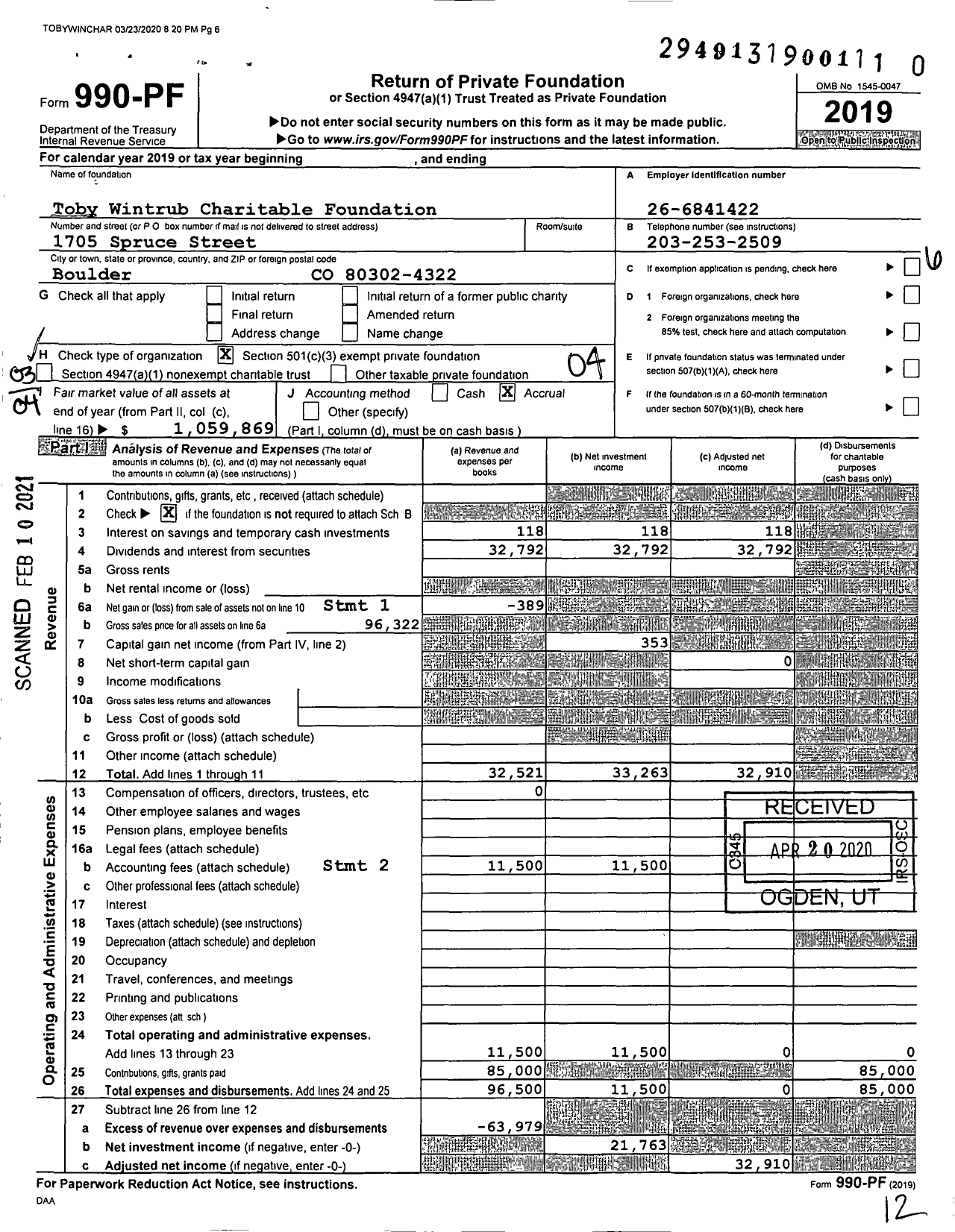 Image of first page of 2019 Form 990PF for Toby Wintrub Charitable Foundation