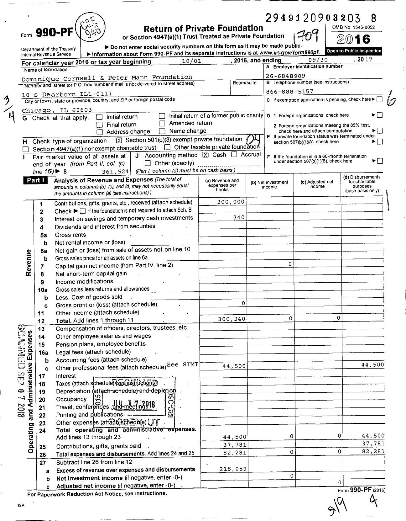 Image of first page of 2016 Form 990PF for Dominique Cornwell and Peter Mann Family Foundation